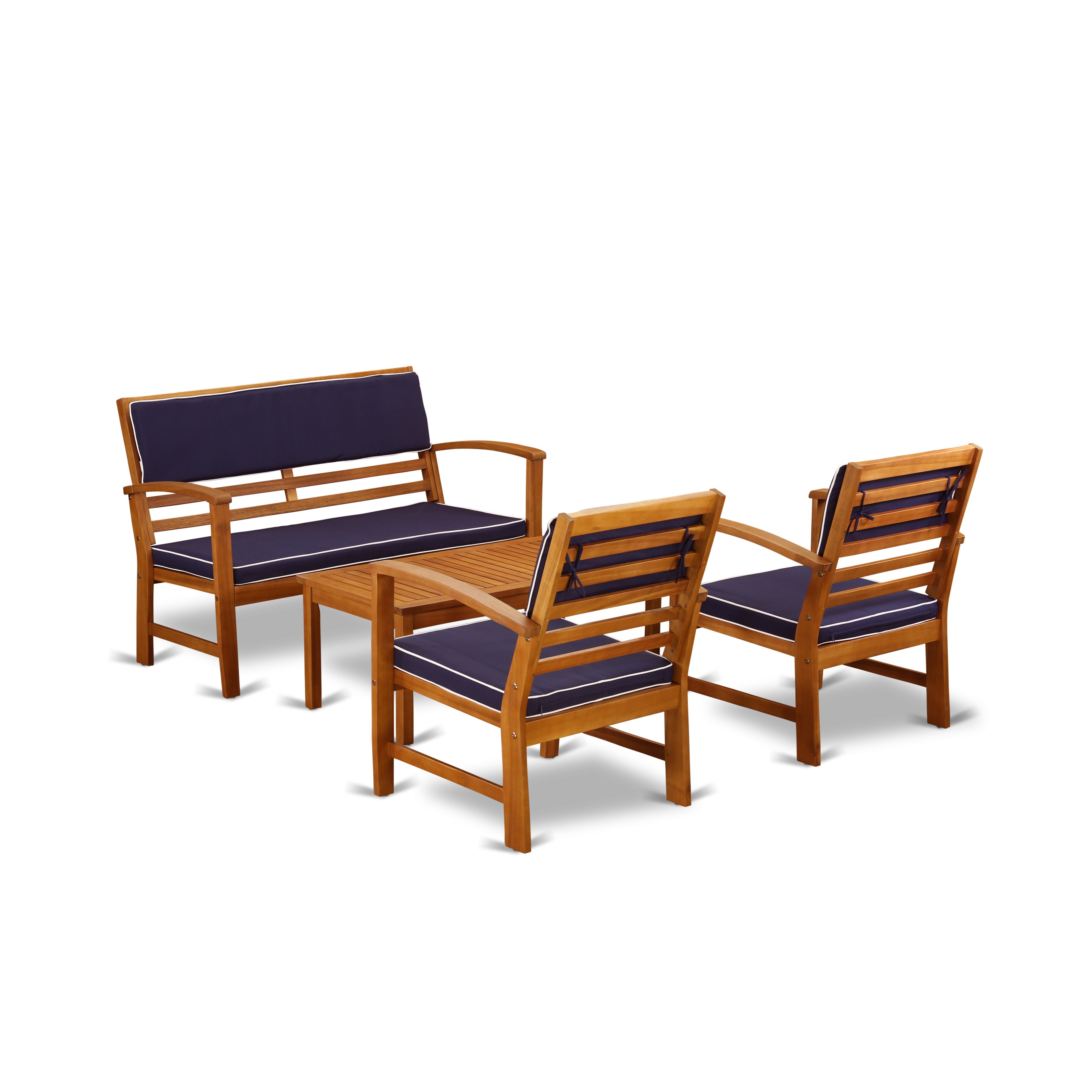 El juego de sofás de bistró para patio BCOSSNA de 4 piezas de East West Furniture incluye una mesa de bistró rectangular de madera de acacia para exteriores y cojines para todo tipo de clima.