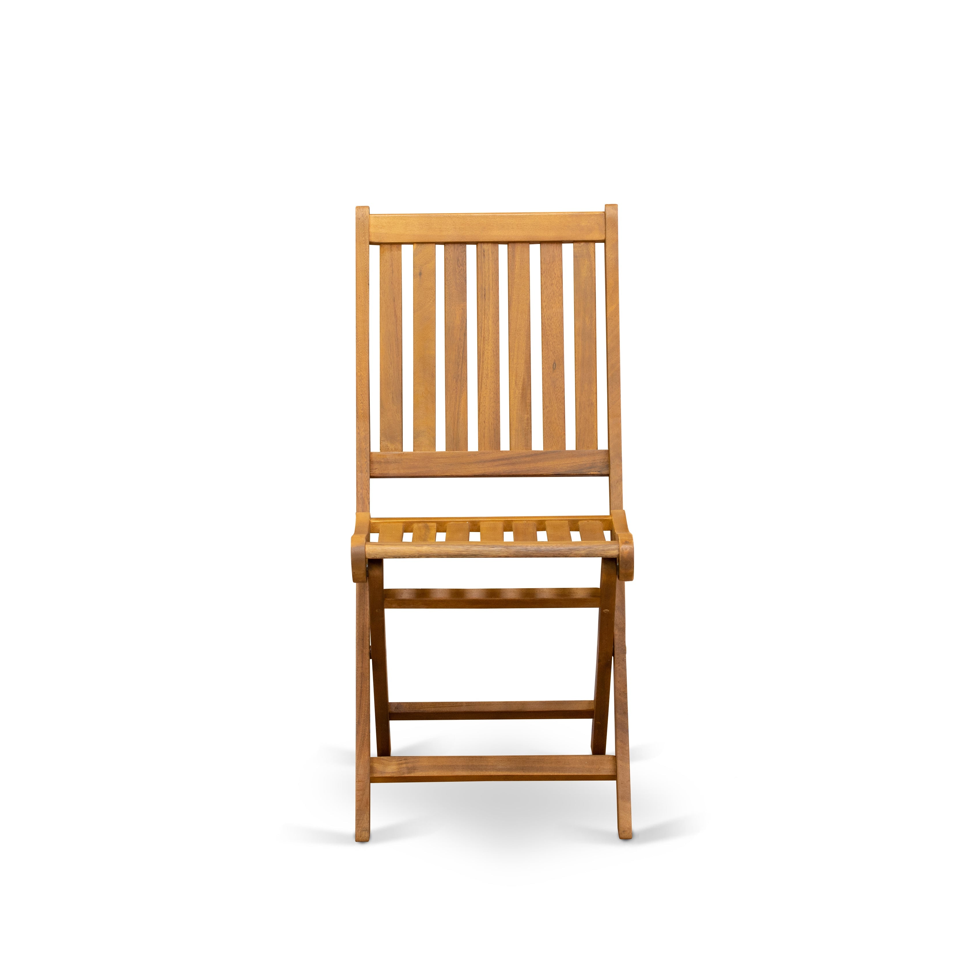 East West Furniture DIDK7CWNA 7-Piece Outdoor Table Set- 6 Outdoor Folding Chairs Slatted Back and Patio Table and Round Top with Wood 4 legs - Natural Oil Finish