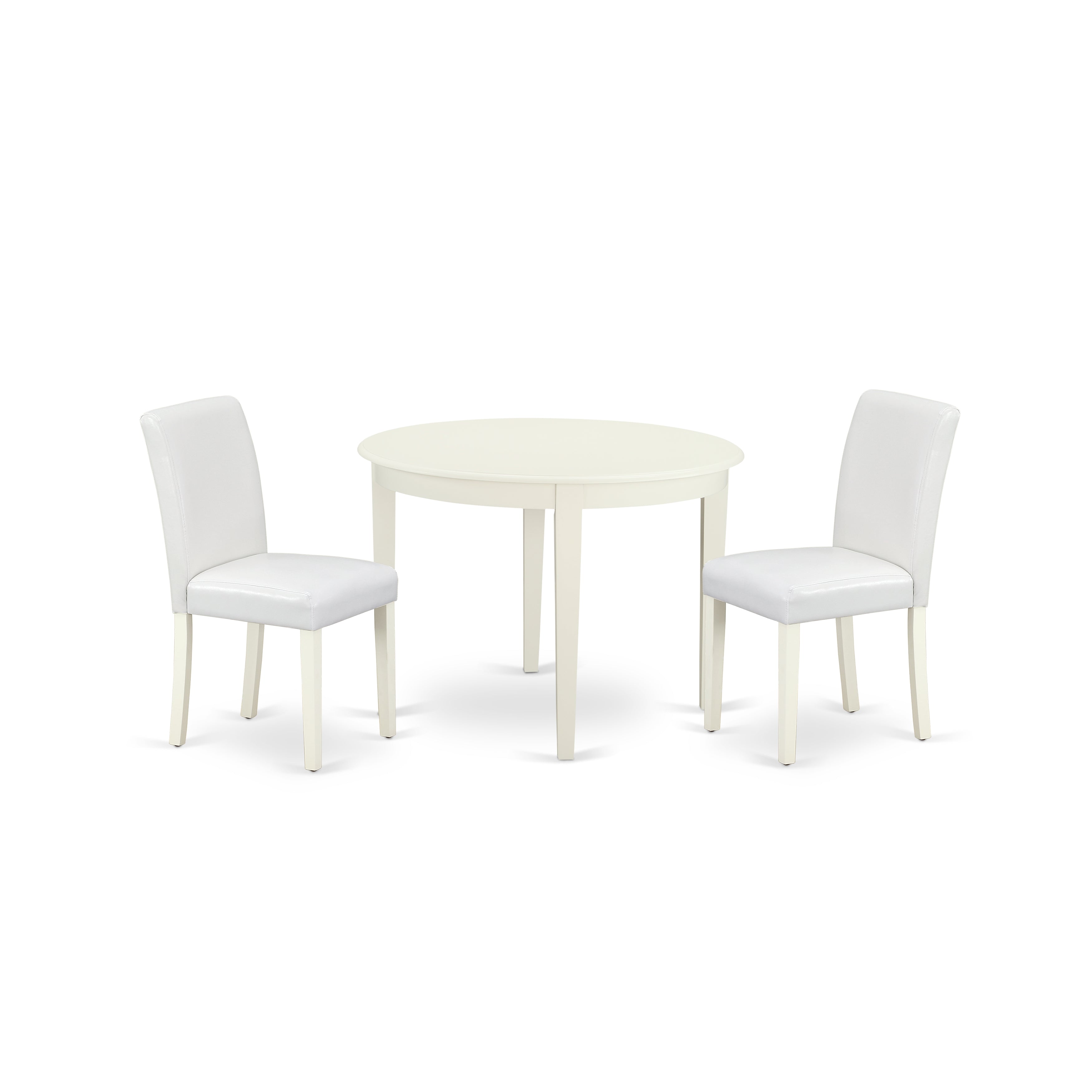 BOAB3-LWH-64 3Pc Round 42" Table And Two Parson Chair With Linen White Leg And Pu Leather Color White