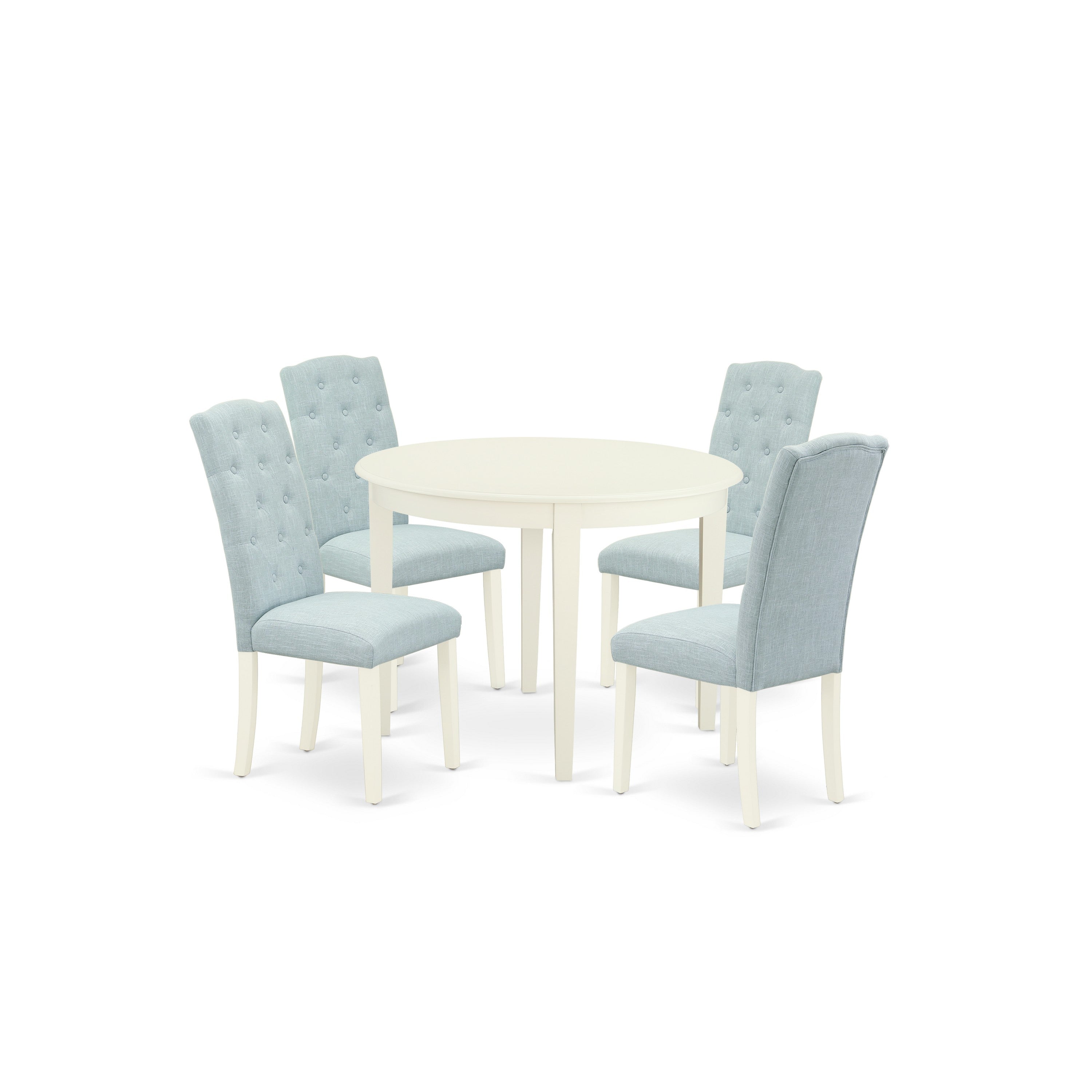 El juego de mesa de comedor moderno de 5 piezas East West Furniture BOCE5-WHI-15 incluye una mesa de cocina redonda y 4 sillas Parson tapizadas en tela de lino azul bebé.