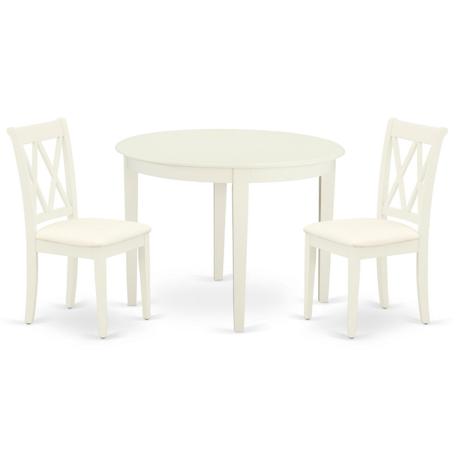 Juego de mesa de comedor de 3 piezas East West Furniture BOCL3-WHI-C. Contiene una mesa redonda de madera y 2 sillas de comedor de cocina de tela de lino.
