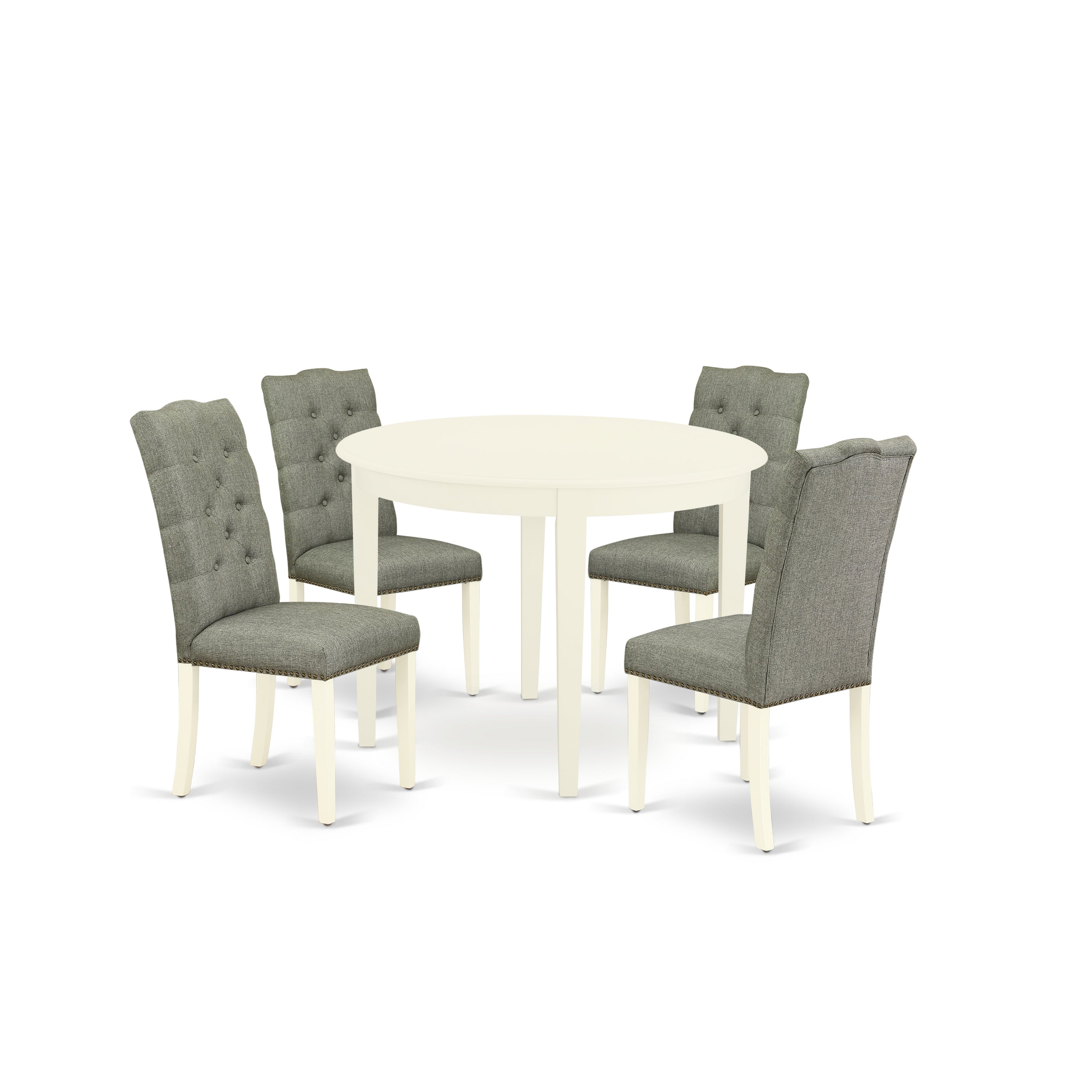 East West Furniture BOEL5-WHI-07 5-Pc Mid Century Dining Set Included a Round Dinner Table & 4 Padded Parson Chairs, Smoke Linen Fabric Modern Dining Chairs Seat with Rubber Wood Legs, Linen White Finish