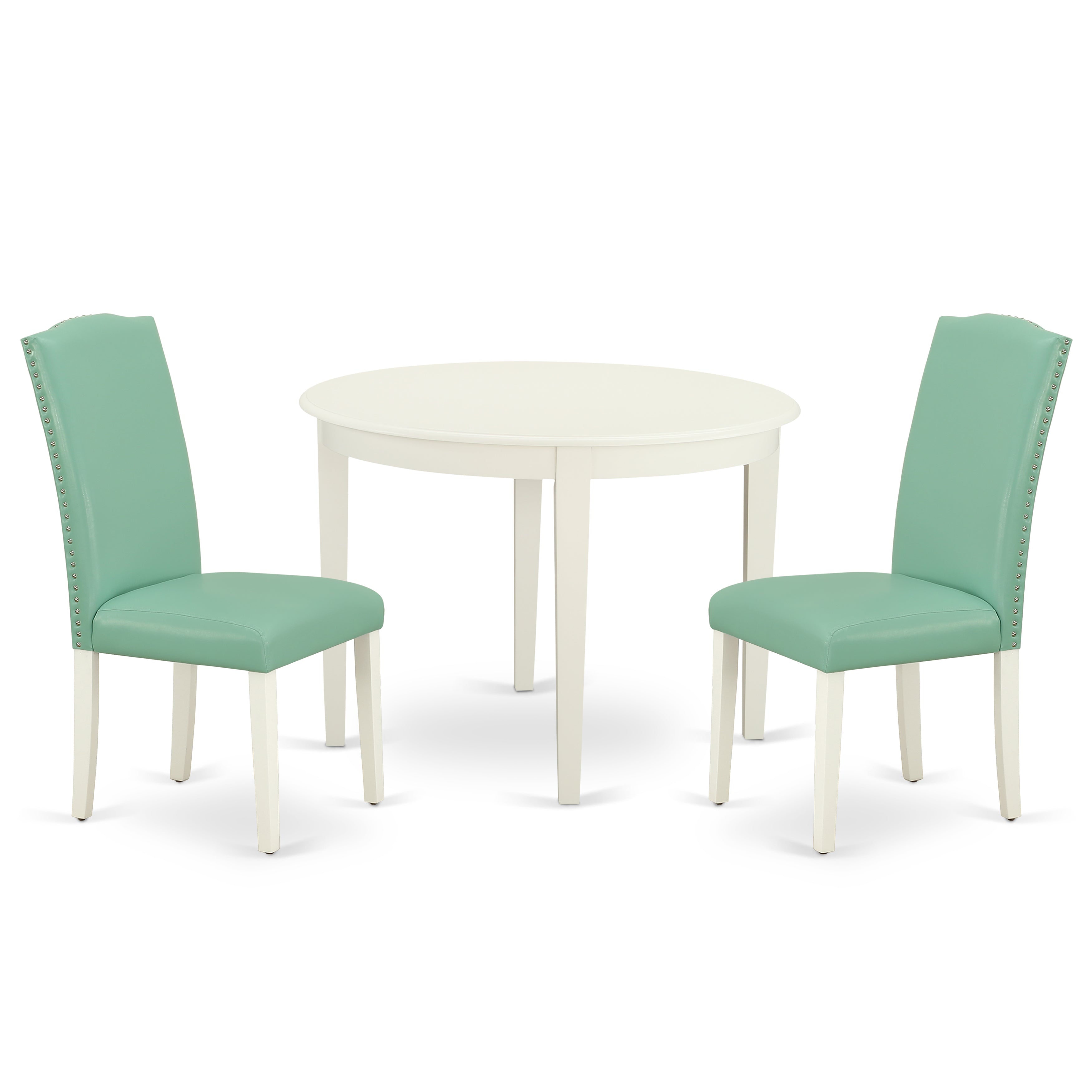 Juego de mesa de comedor de 3 piezas East West Furniture BOEN3-LWH-57. Incluye una mesa de cocina redonda y dos sillas Parson tapizadas en piel sintética.
