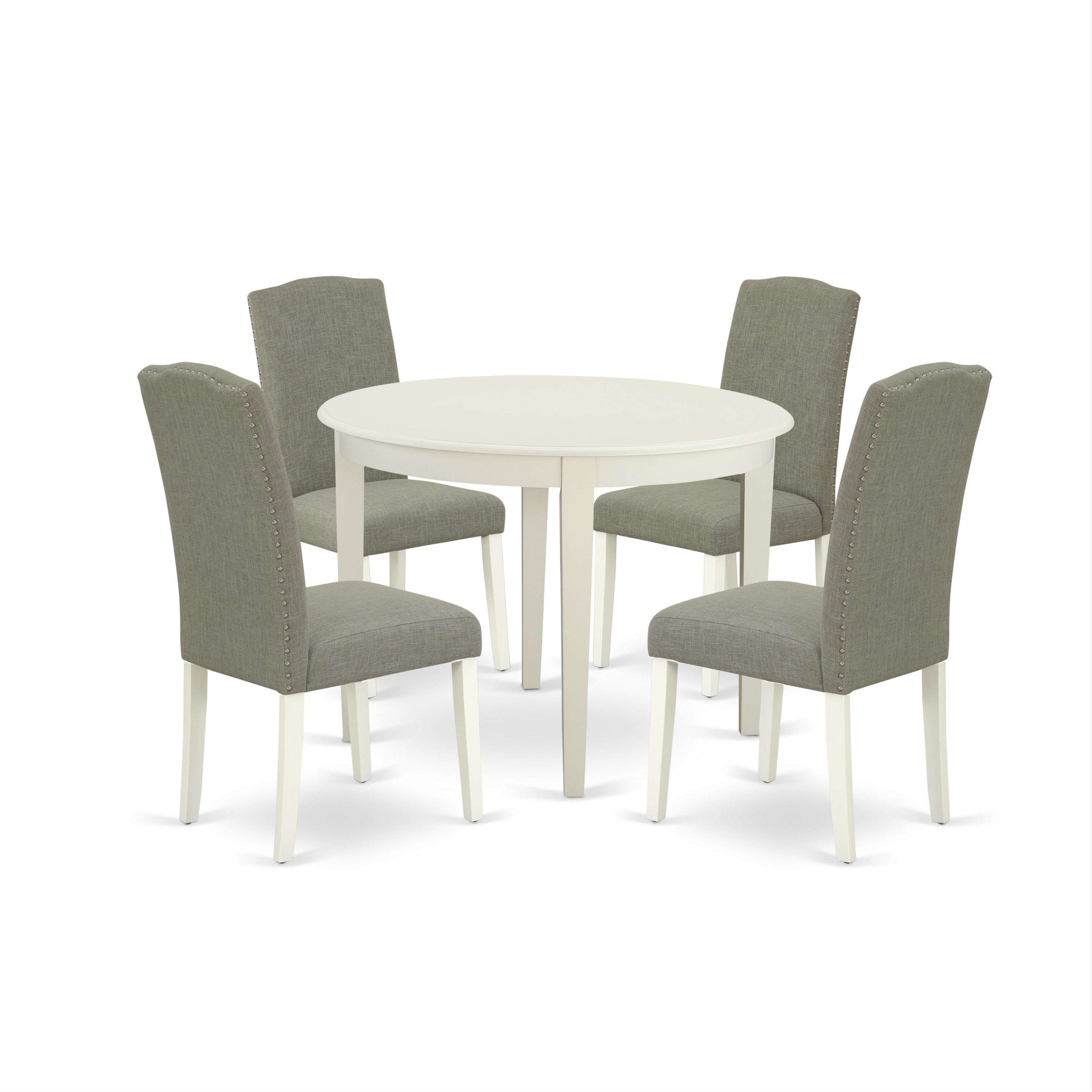 BOEN5-LWH-06 5Pc Round 42" Kitchen Table And Four Parson Chair With Linen White Leg And Linen Fabric Dark Shitake