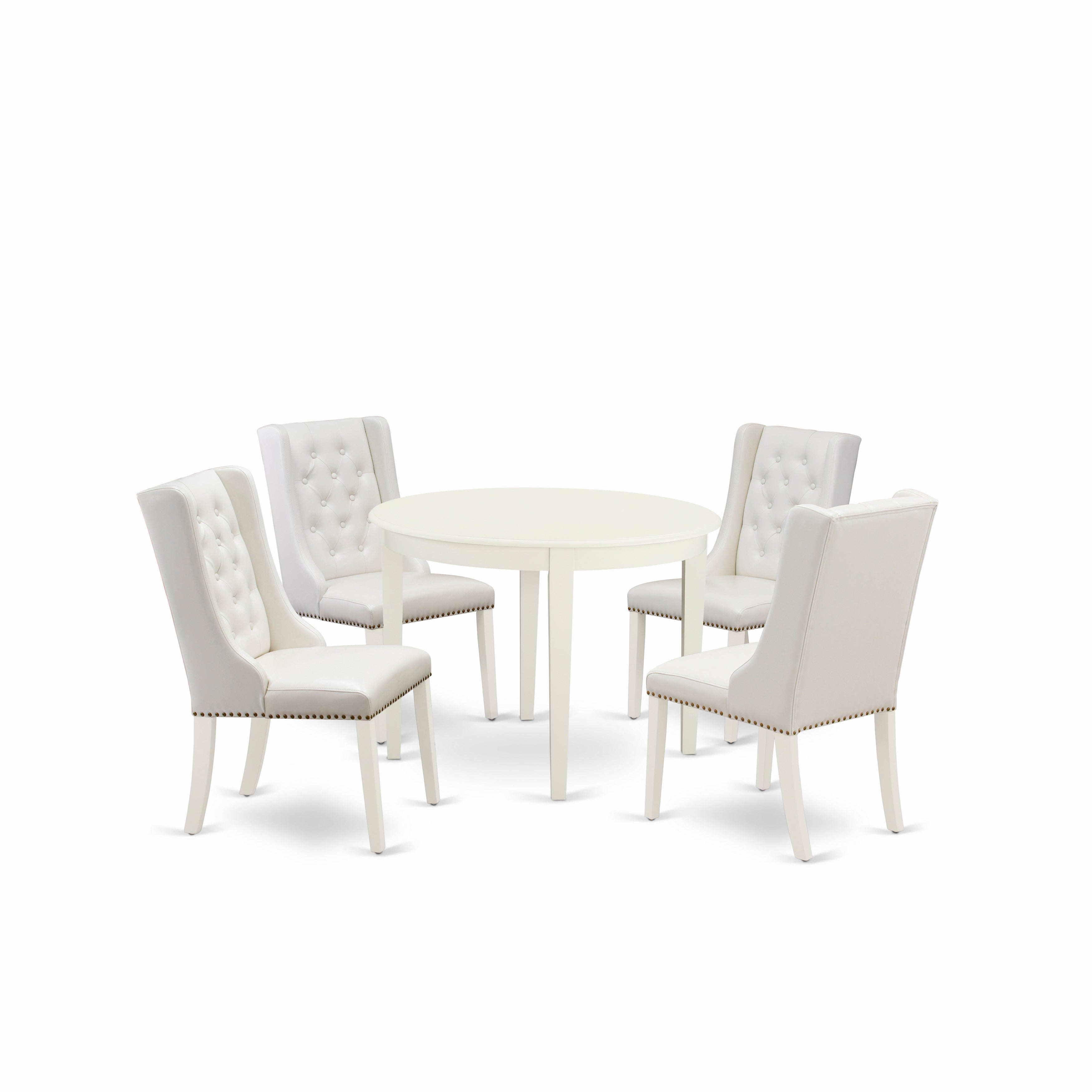 East West Furniture BOFO5-WHI-44 5-Piece Dining Set Includes 1 Modern dining room table and 4 Linen white PU faux Leather Padded Parson Chair with Button Tufted Back - linen white Finish