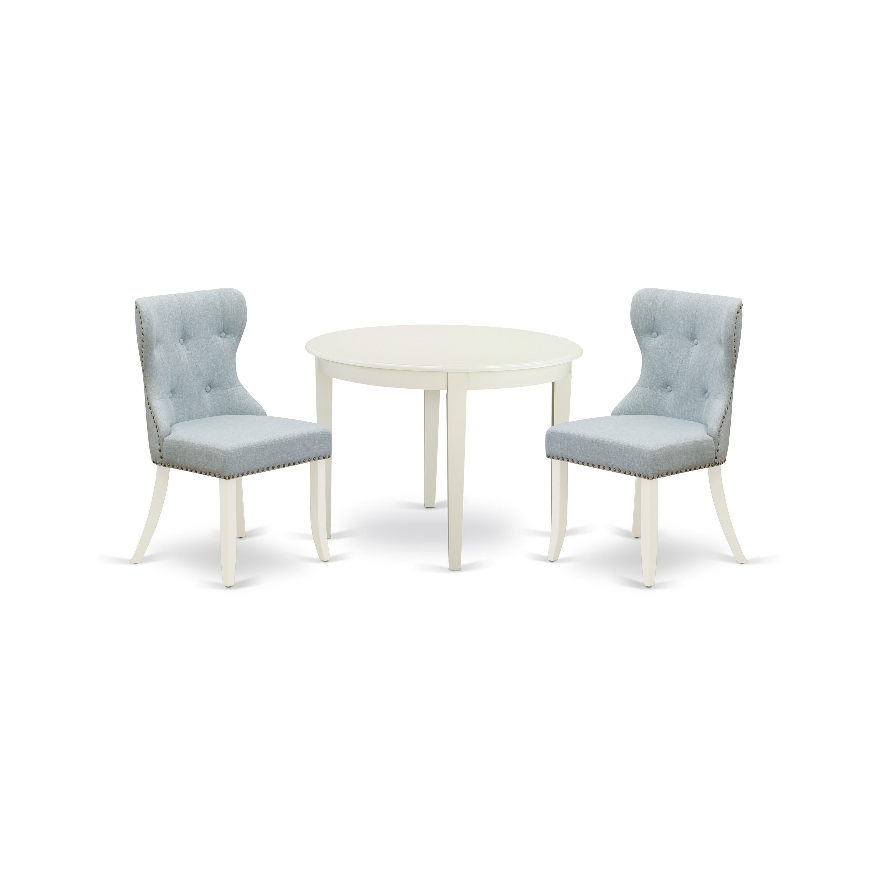 Juego de mesa de comedor de 3 piezas East West Furniture BOSI3-WHI-15 para espacios pequeños. Contiene una mesa de cocina redonda y 2 sillas de comedor Parson de tela de lino azul bebé.