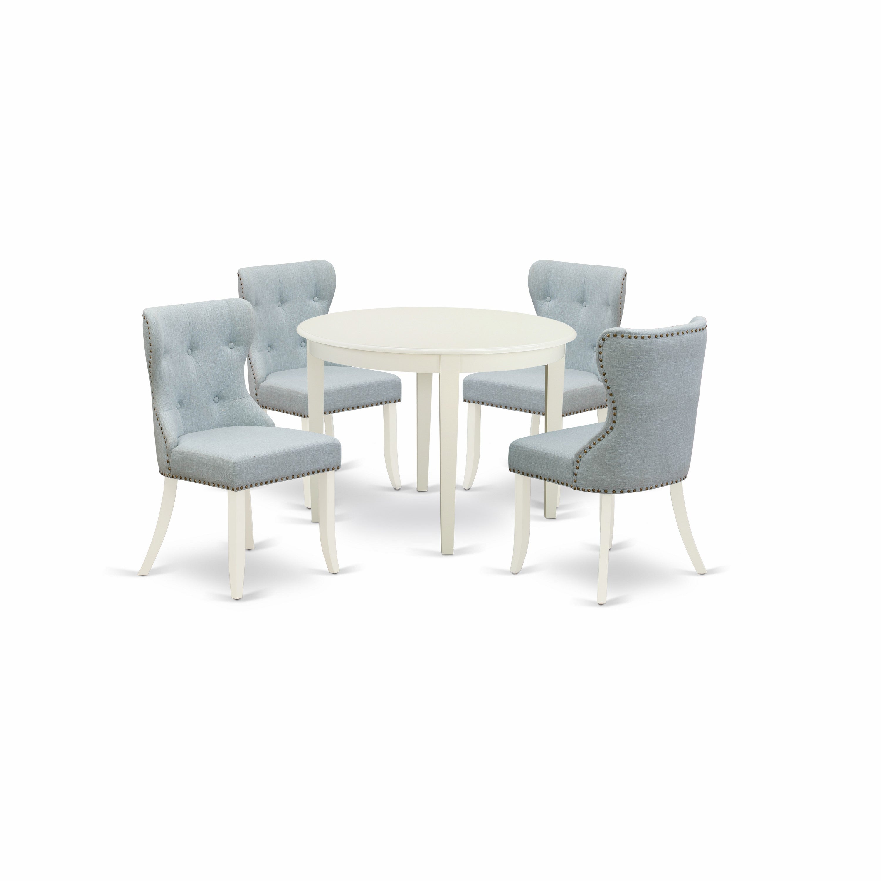 Juego de comedor de 5 piezas East West Furniture BOSI5-WHI-15 para 4 personas. Incluye una mesa de cocina redonda y 4 sillas de comedor Parsons de tela de lino azul bebé.