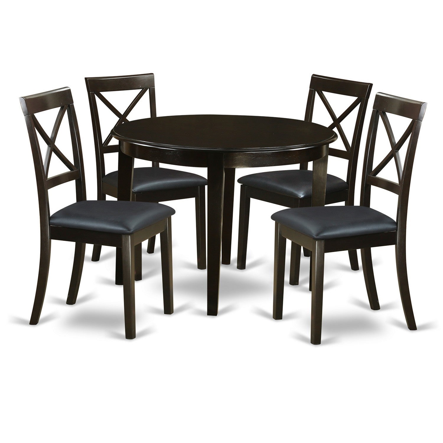 El juego de mesa de comedor de 5 piezas East West Furniture BOST5-CAP-LC incluye una mesa redonda de madera y 4 sillas de comedor de cocina de cuero sintético.