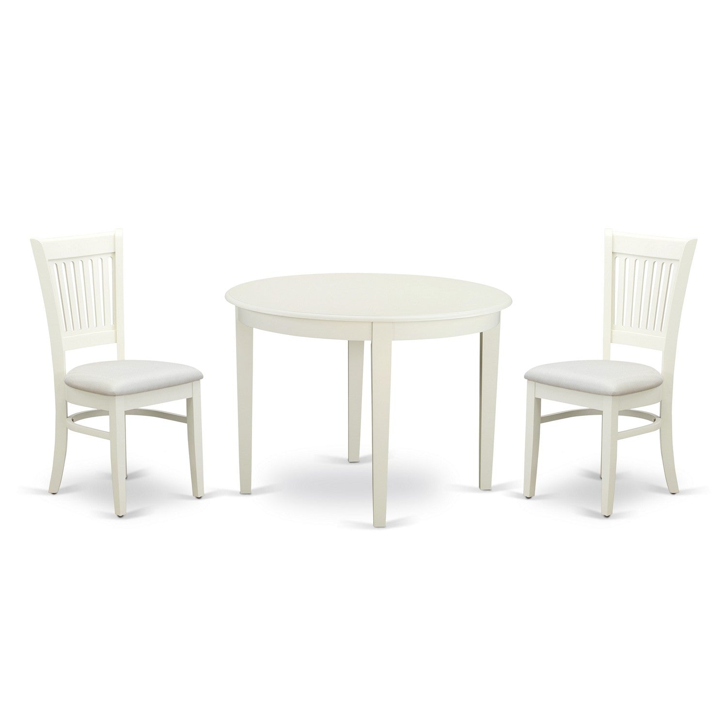 East West Furniture BOVA3-LWH-C 3-Pc dining room table set-2 wood dining chair with Slatted Back and Linen fabric seat-A breakfast table with Round Top and 4 Legs- Linen White and Black Finish