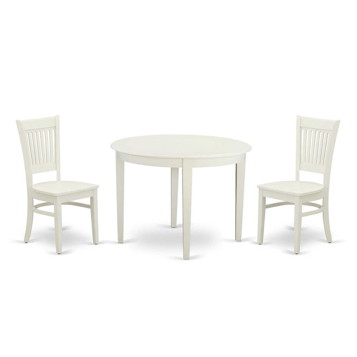 East West Furniture BOVA3-LWH-W 3-Piece kitchen table set-2 mid century dining chair with Slatted Back and a Hardwood Seat-A wood table with Round Top and 4 Legs- Linen White Finish