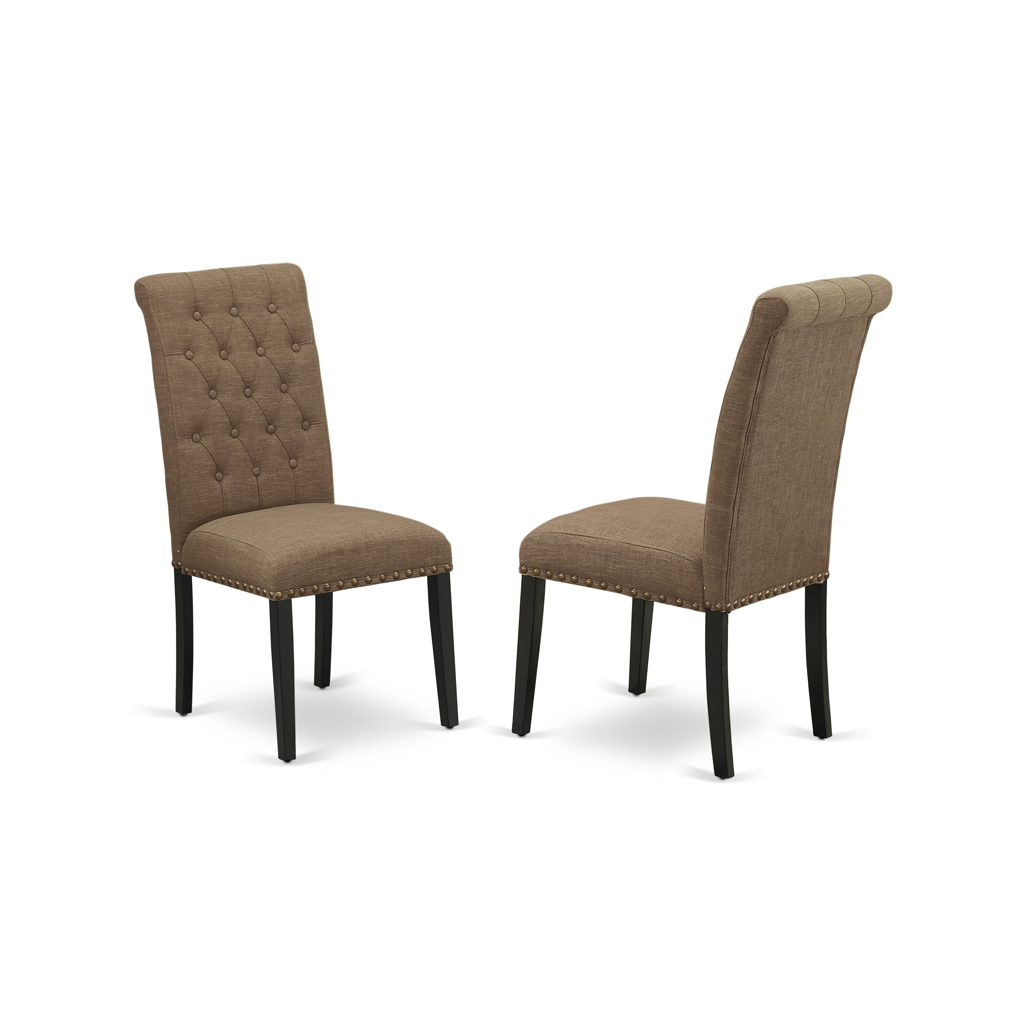 East West Furniture ESBR3-BCH-17 3-Piece Mid Century Dining SetInclude a Dining Table and 2 Light Sable Linen Fabric Padded Chairs with Button Tufted Back - Black Finish