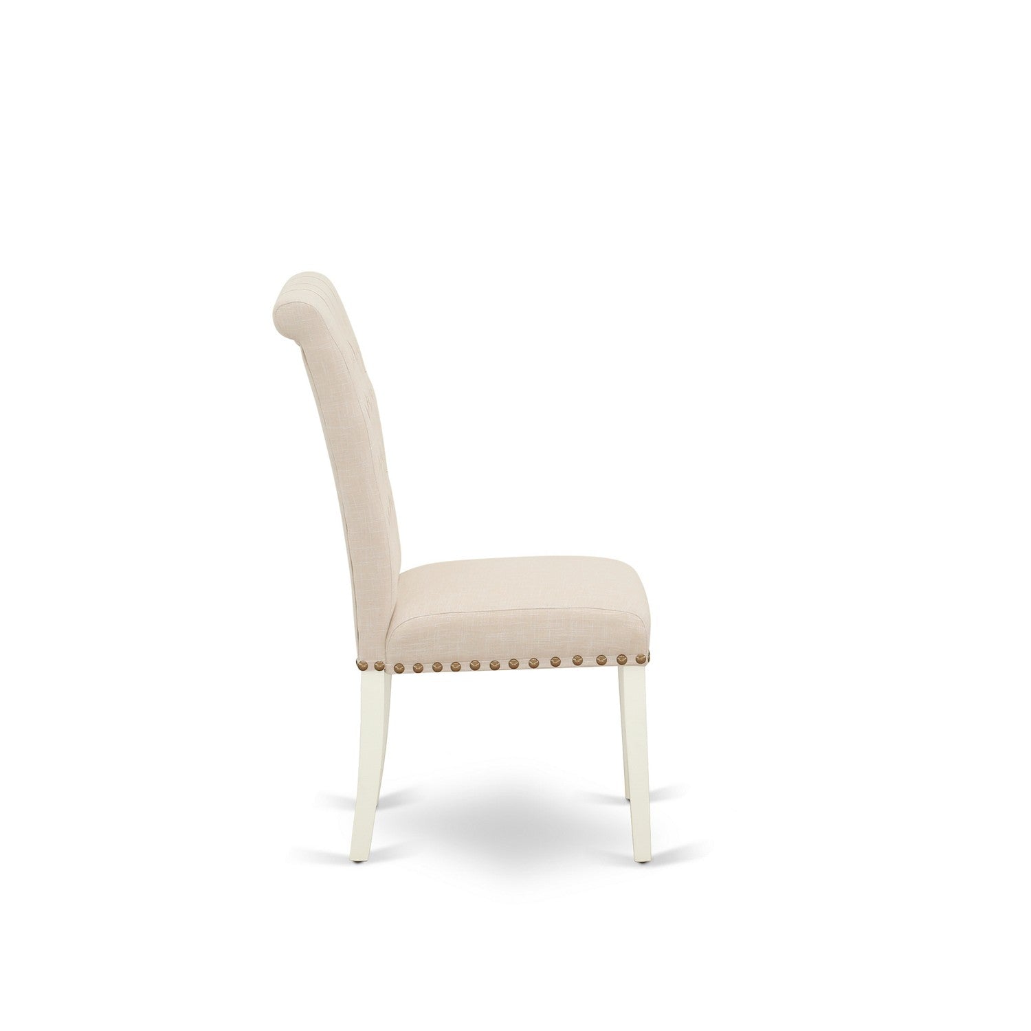 East West Furniture V077BR202-5 Juego de mesa de cocina de 5 piezas para 4 personas. Incluye una mesa de comedor rectangular con patas en V y 4 sillas tapizadas en tela de lino beige claro.