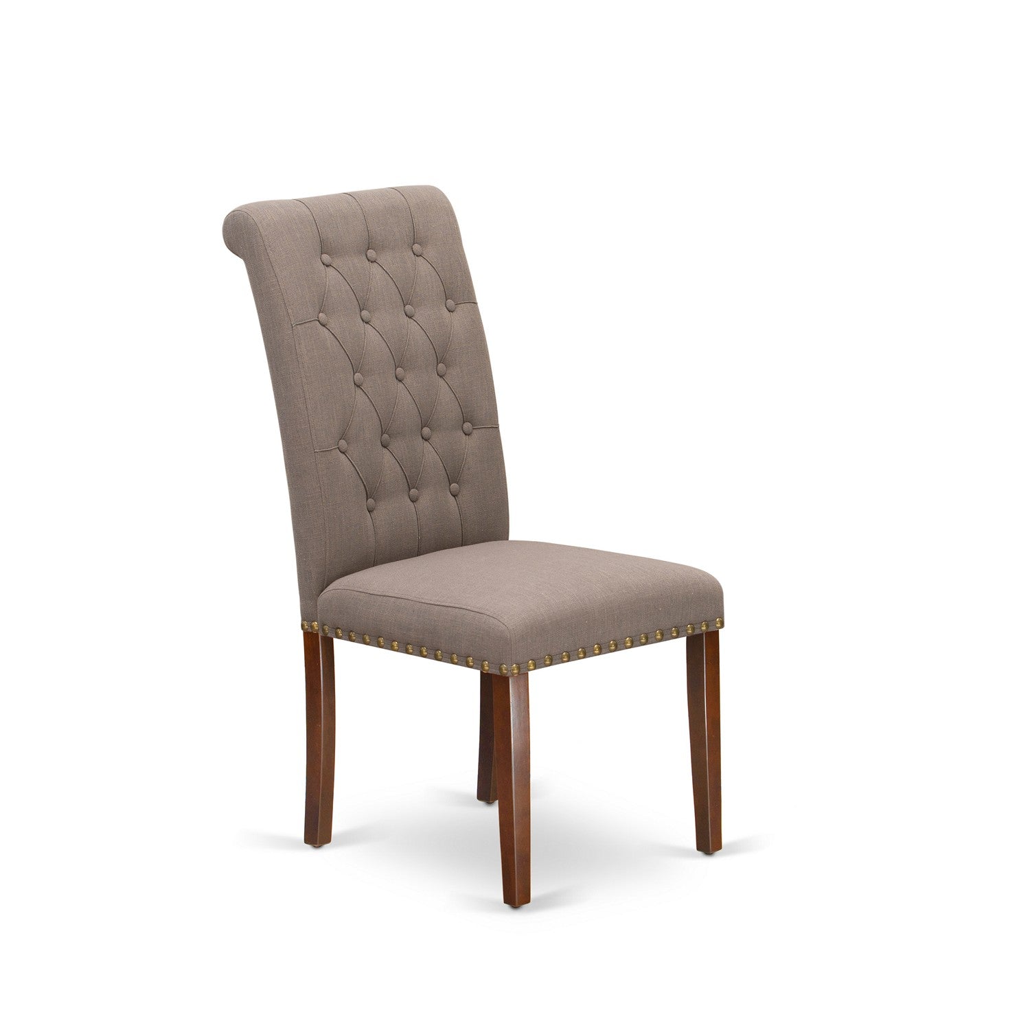 East West Furniture BRP3T18 Bremond Dining Chairs - Dark Coffee Color Linen Fabric, Wooden Mahogany Finish Legs Modern Dining Room Chairs - Set of 2 - Set of 2