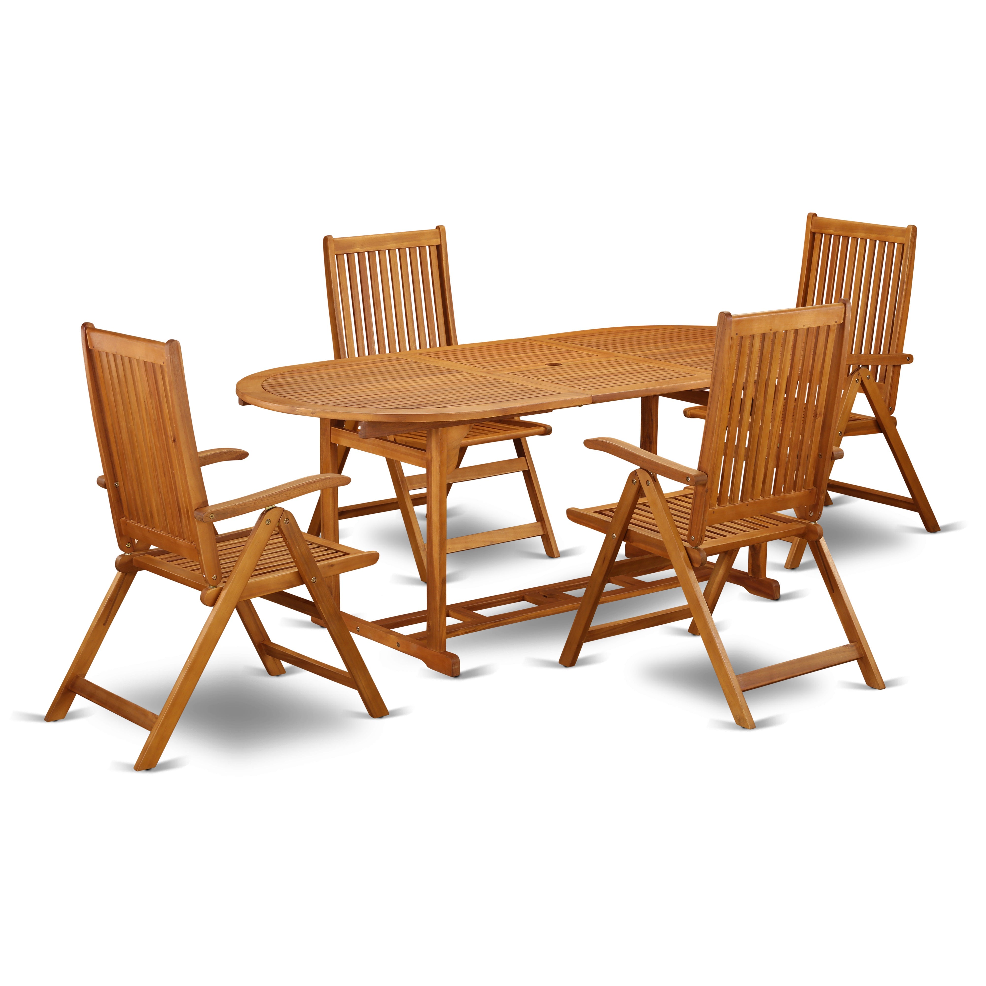 El juego de mesa de jardín para patio de 5 piezas BSCN5NC5N de East West Furniture incluye una mesa de comedor ovalada de madera de acacia para exteriores y 4 sillas plegables con brazos ajustables.