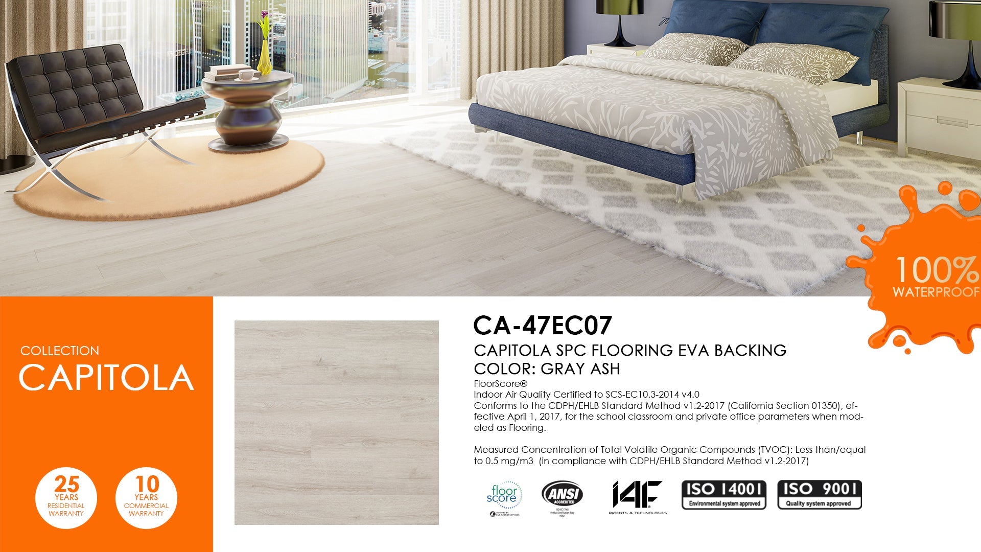 East West Furniture CA-47EC07 EVA Backing SPC Flooring Planks, Gray Ash 4mm x 7" x 48" with 20mil Wear Layer and I4F Click Locking, 30 sq ft Rigid Core Floor Plank/Case