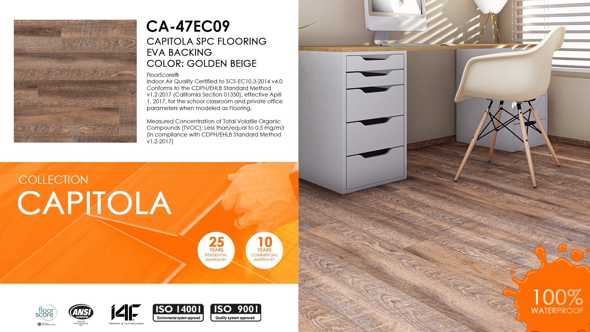 East West Furniture CA-47EC09 EVA Backing SPC Waterproof Flooring Planks, Golden Beige 4mm x 7" x 48" with 20mil Wear Layer and I4F Click Lock, 30 sq ft Floor Plank/Case