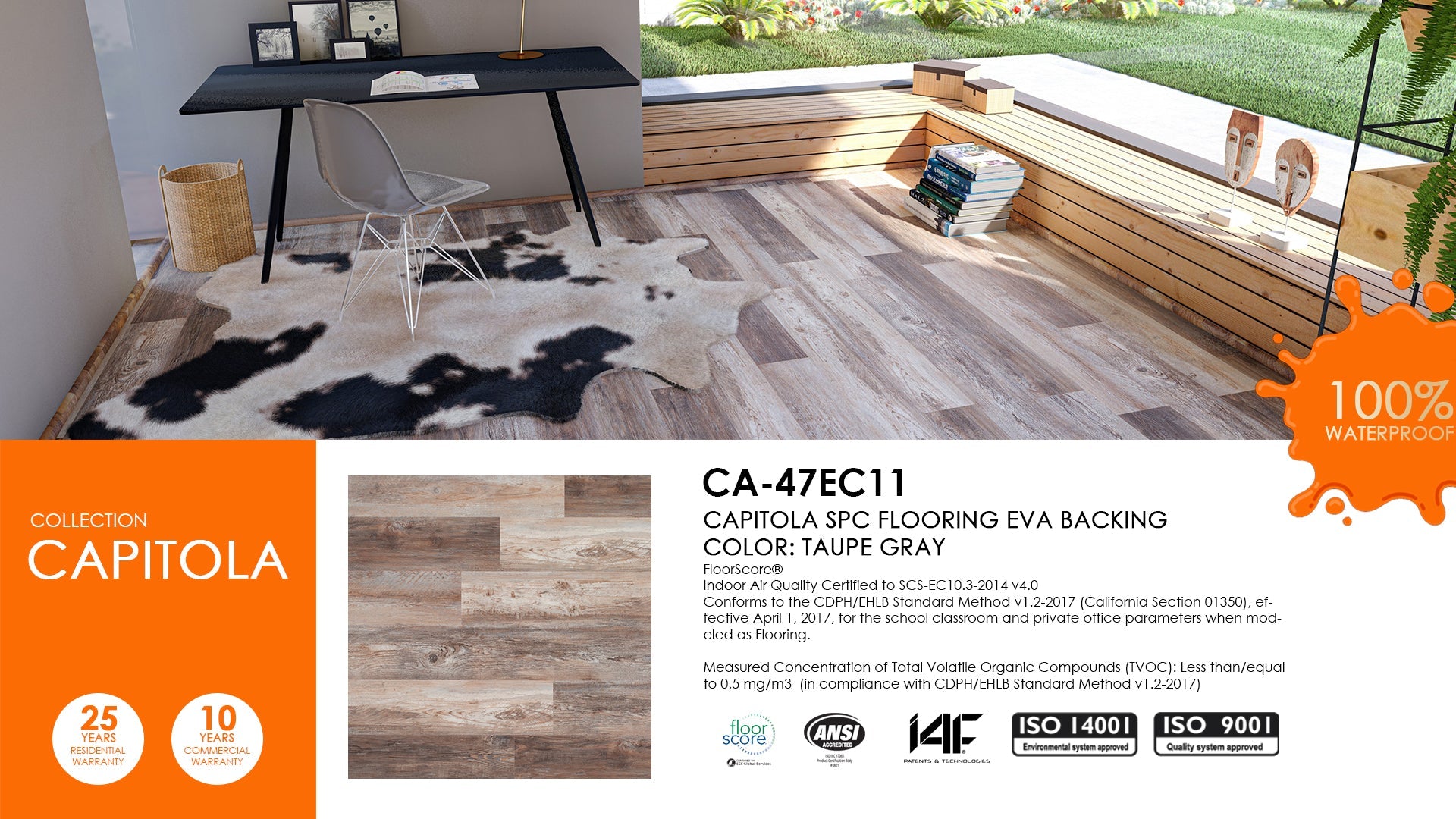 East West Furniture CA-47EC11 EVA Backing SPC Durable Flooring Planks, Taupe Gray 4mm x 7" x 48" with 20mil Wear Layer and I4F Click Lock, 30 sq ft Floor Planks/Case