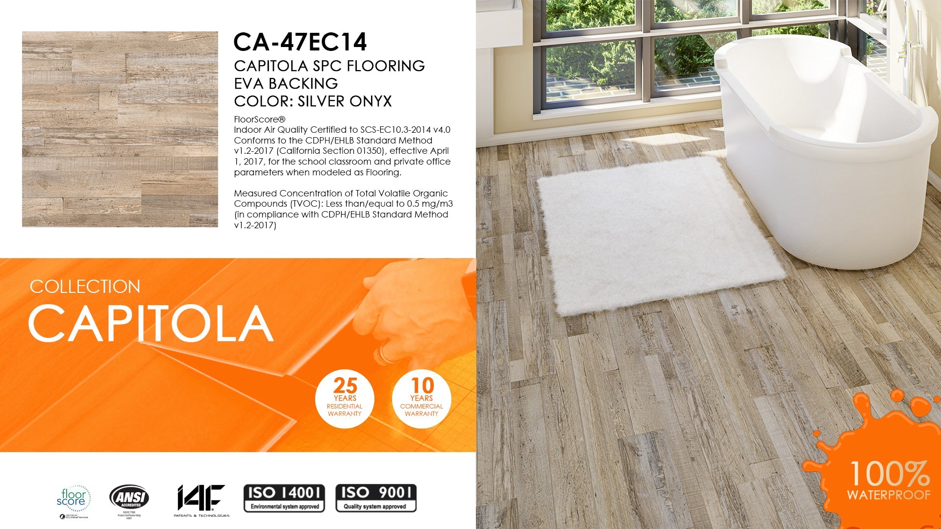 East West Furniture CA-47EC14 EVA Backing SPC Durable Flooring Planks, Silver Onyx 4mm x 7" x 48" with 20mil Wear Layer and I4F Click Locking, 30 sq ft Rigid Core Floor Planks/Case