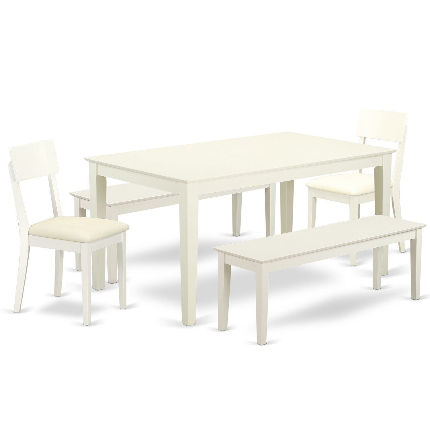 Juego de mesa de cocina de 5 piezas East West Furniture CAAD5C-LWH-LC para 4 personas. Incluye una mesa de comedor rectangular y 2 sillas de comedor de piel sintética con 2 bancos.