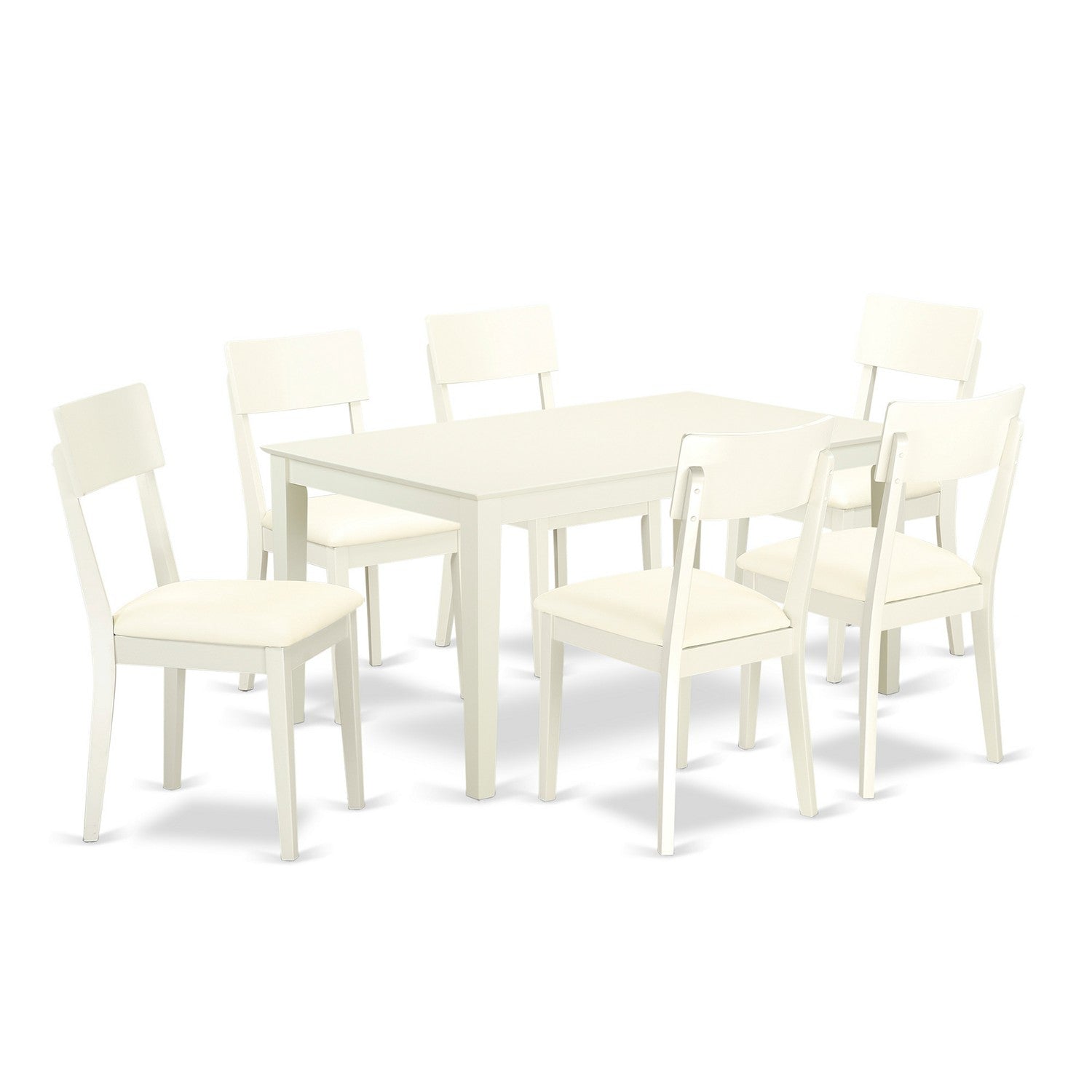 Juego de mesa de comedor de 7 piezas East West Furniture CAAD7-LWH-LC compuesto por una mesa rectangular de madera y 6 sillas de comedor de piel sintética.
