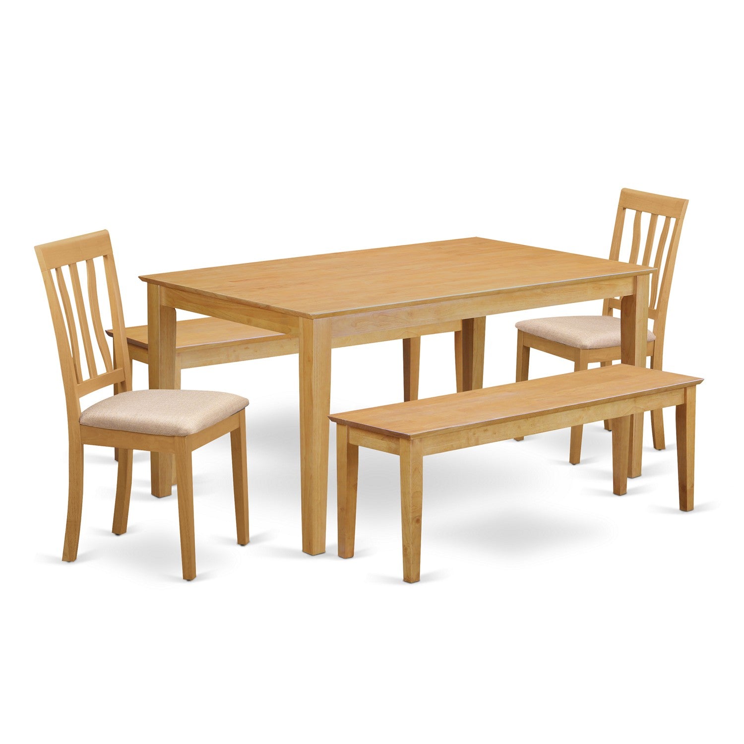 Juego de mesa de comedor moderna de 5 piezas East West Furniture CAAN5C-OAK-C. Incluye una mesa de cocina rectangular y 2 sillas tapizadas en tela de lino con 2 bancos.