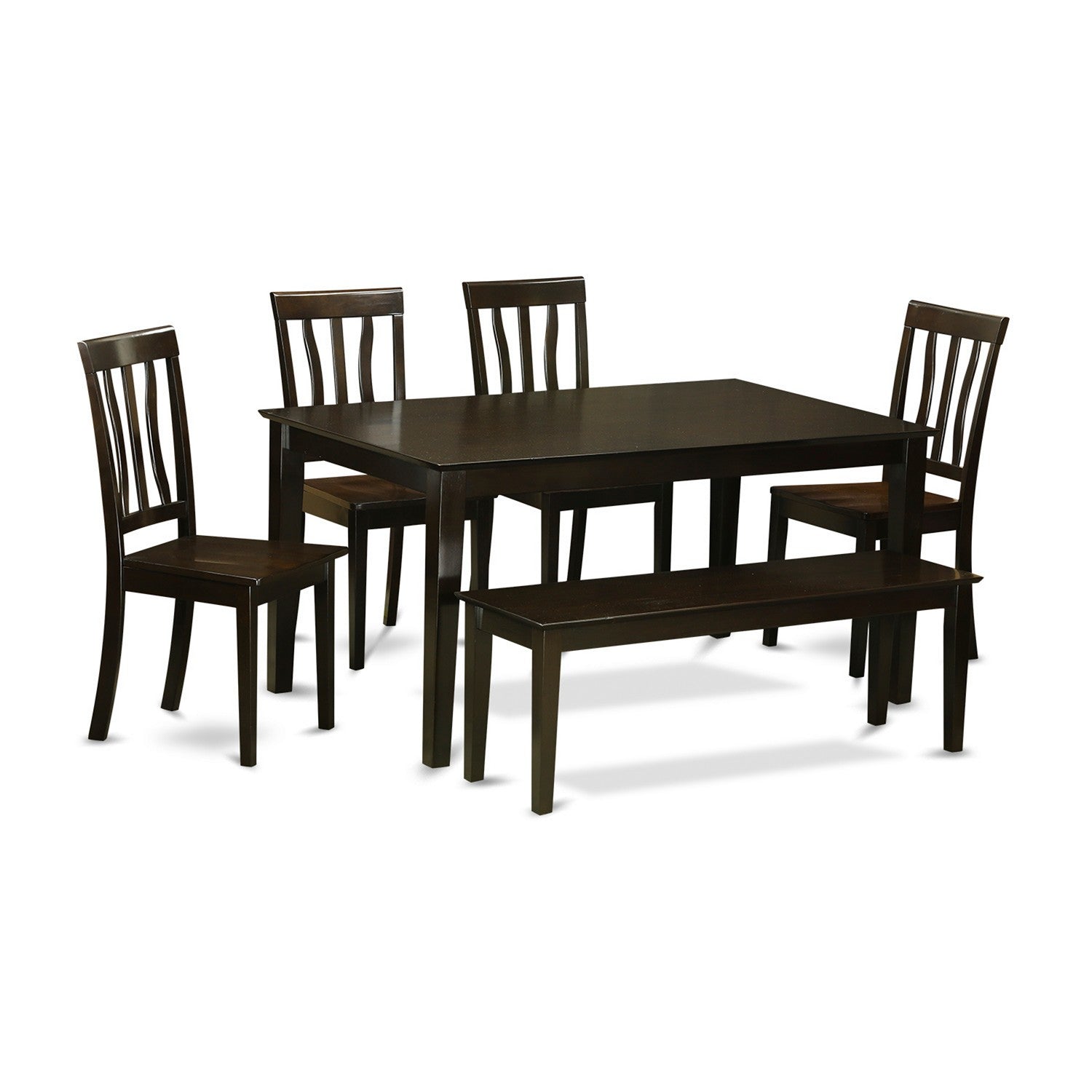 Juego de mesa de cocina de 6 piezas East West Furniture CAAN6-CAP-W. Contiene una mesa de comedor rectangular y 4 sillas de comedor con un banco.