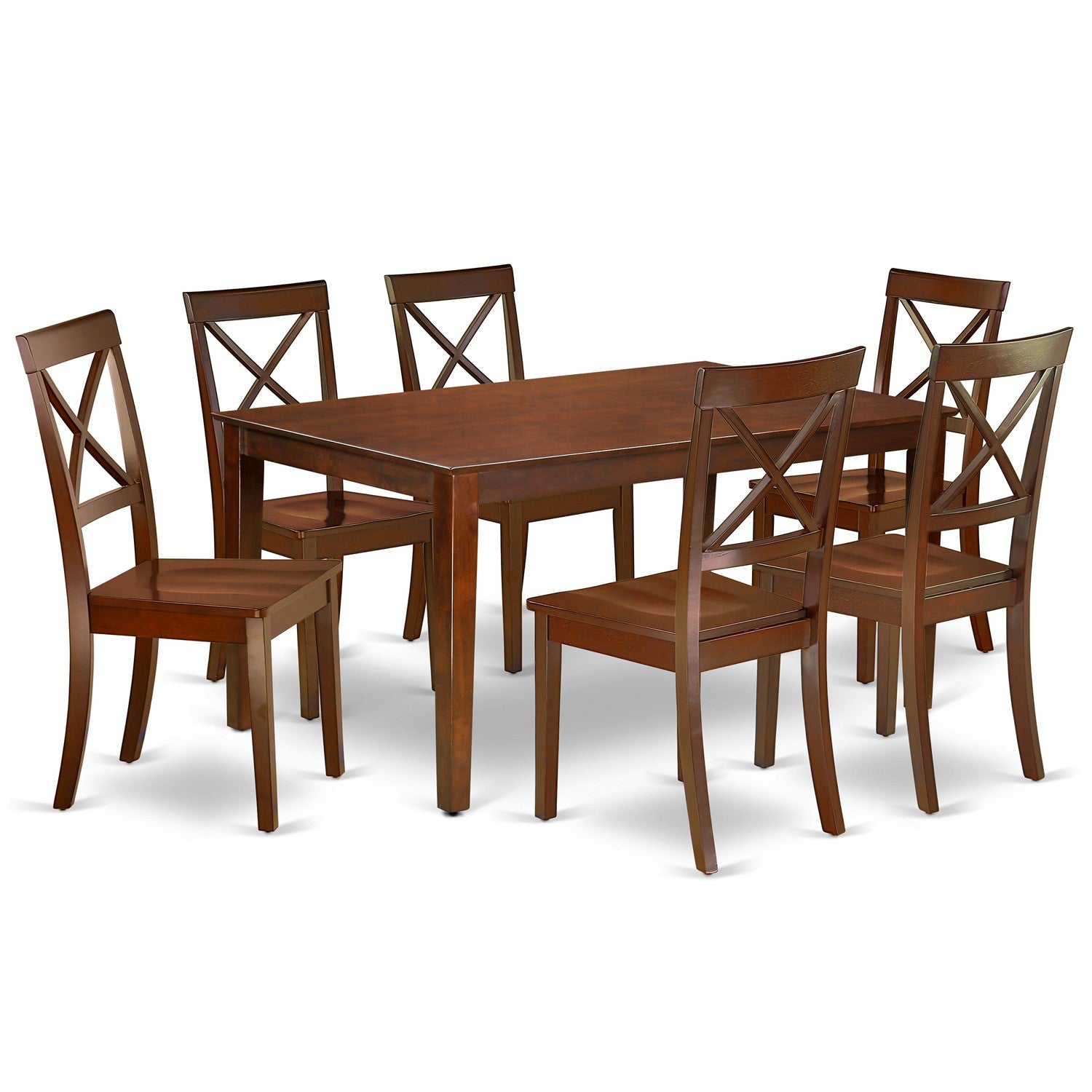 Juego de mesa y sillas de cocina de 7 piezas CABO7-MAH-W de East West Furniture. Consta de una mesa de comedor rectangular y 6 sillas de comedor.