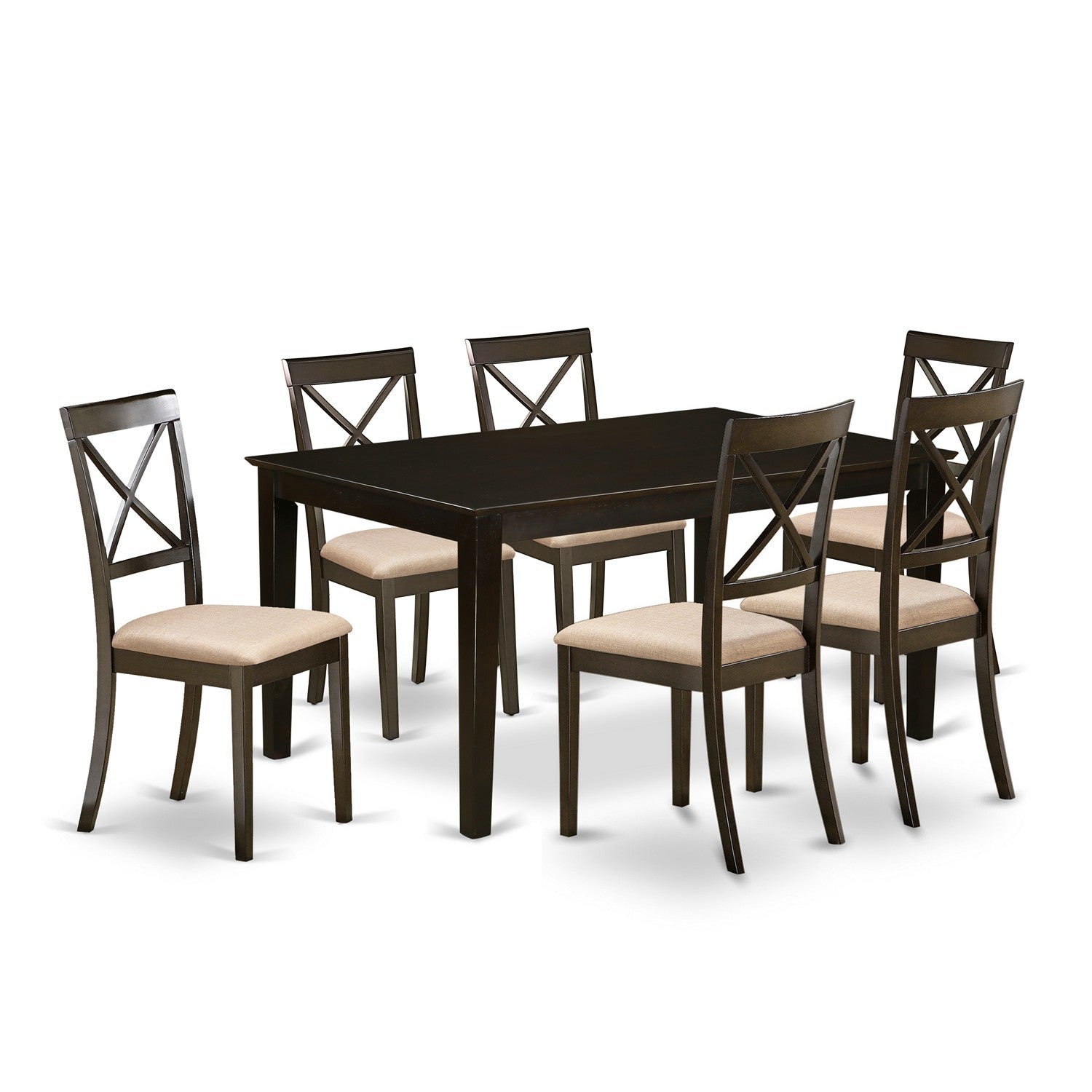Juego de mesa de comedor moderna de 7 piezas CABO7S-CAP-C de East West Furniture. Consta de una mesa rectangular de madera y 6 sillas de comedor de tela de lino.