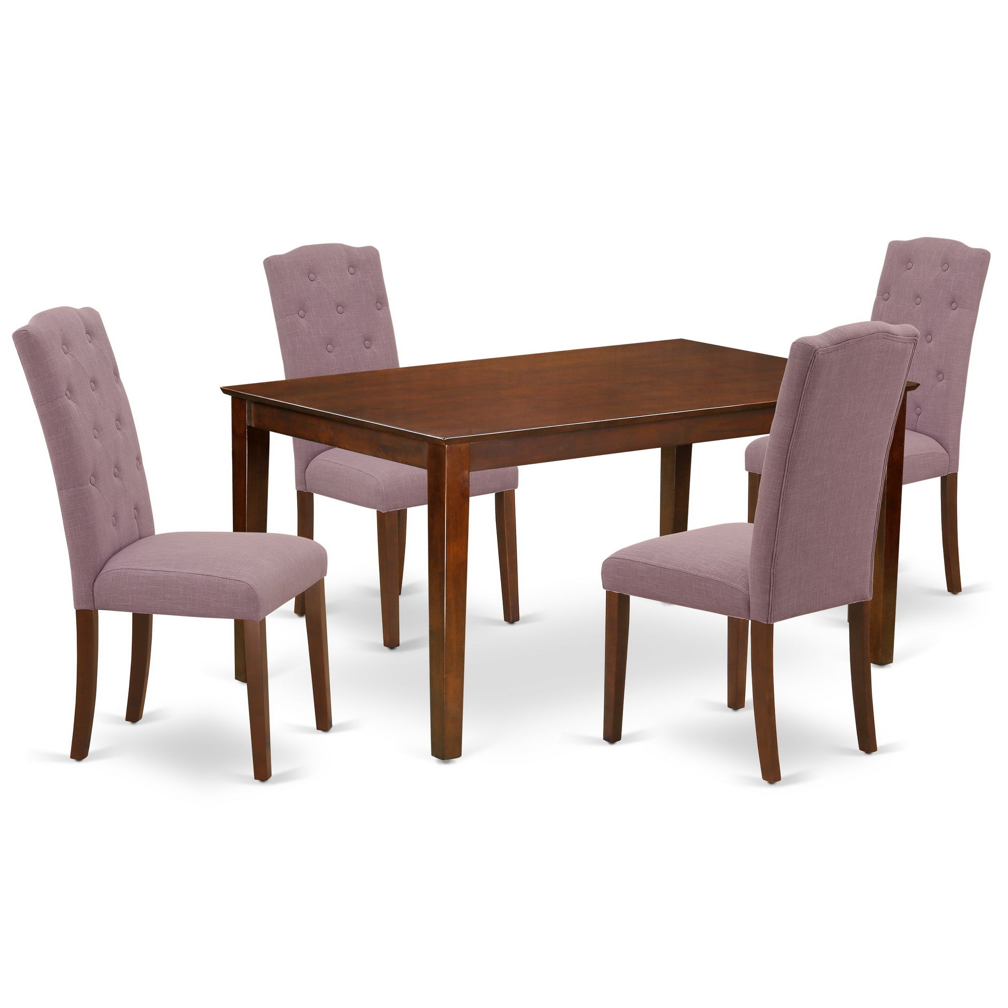 El juego de mesa de comedor de 5 piezas East West Furniture CACE5-MAH-10 incluye una mesa de cocina rectangular y 4 sillas de comedor Parson de tela de lino Dahlia.