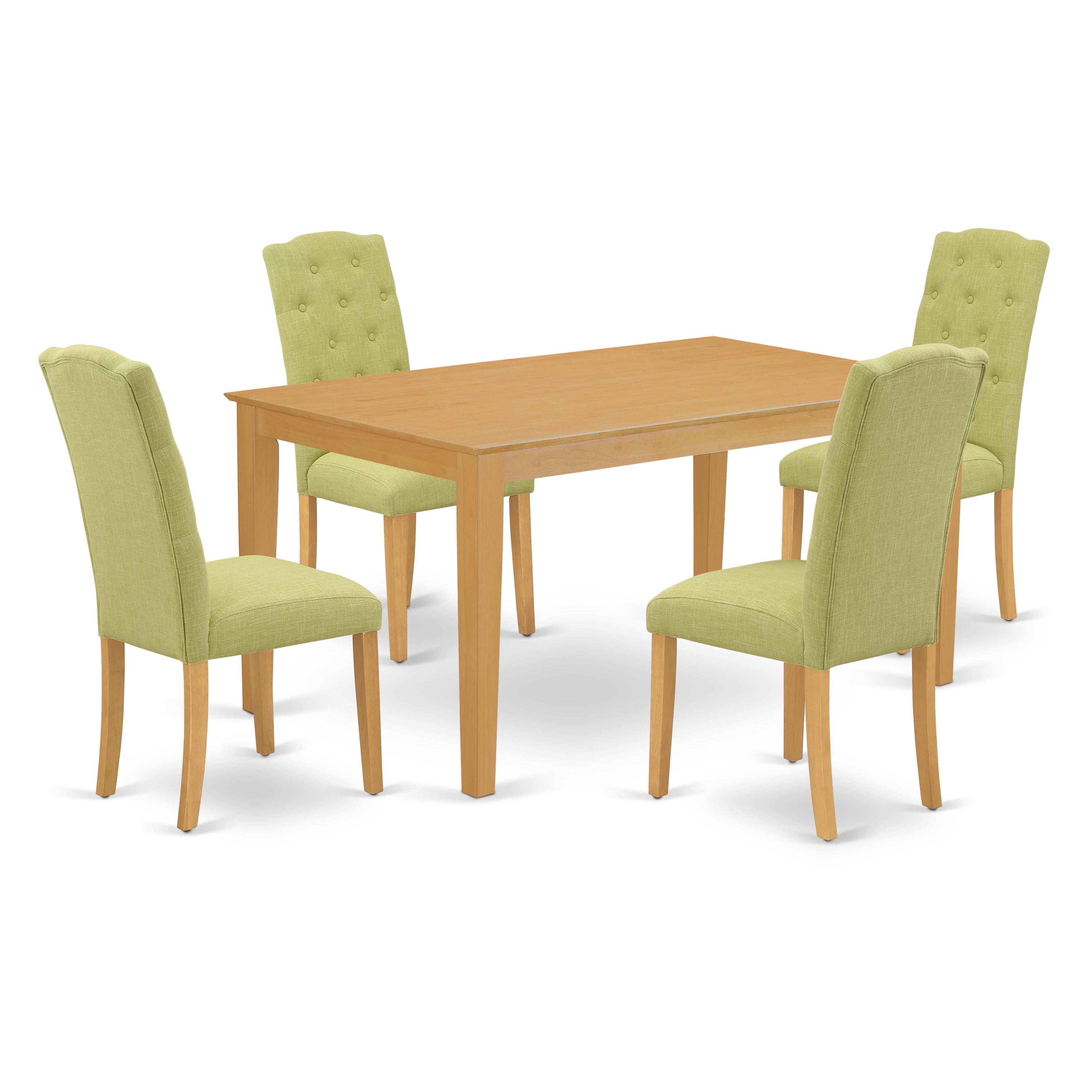 Juego de comedor de 5 piezas East West Furniture CACE5-OAK-07. Incluye una mesa de comedor rectangular y 4 sillas tapizadas en tela de lino Limelight.