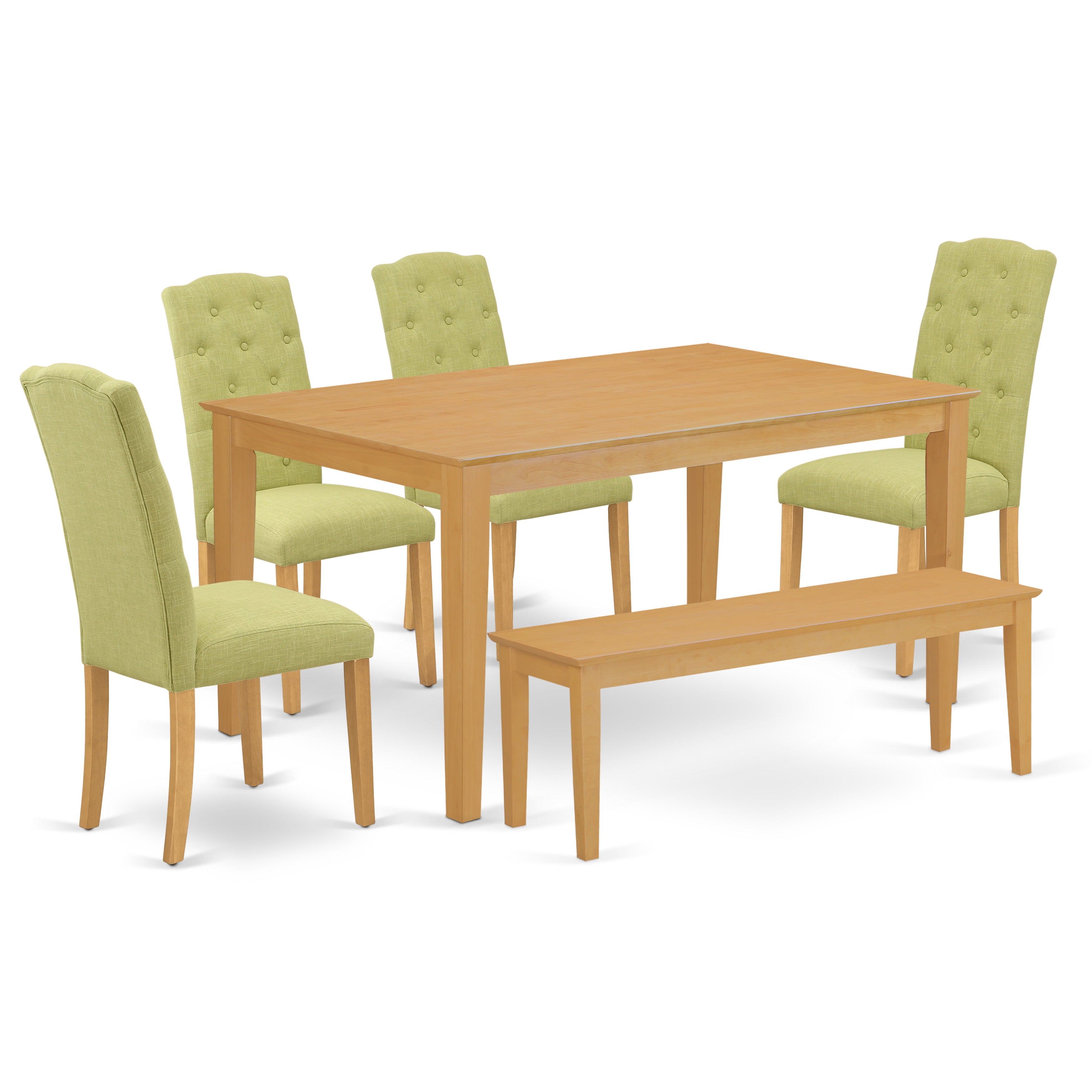 Juego de muebles de comedor de 6 piezas East West Furniture CACE6-OAK-07. Contiene una mesa de comedor rectangular y 4 sillas tapizadas en tela de lino Limelight con un banco.