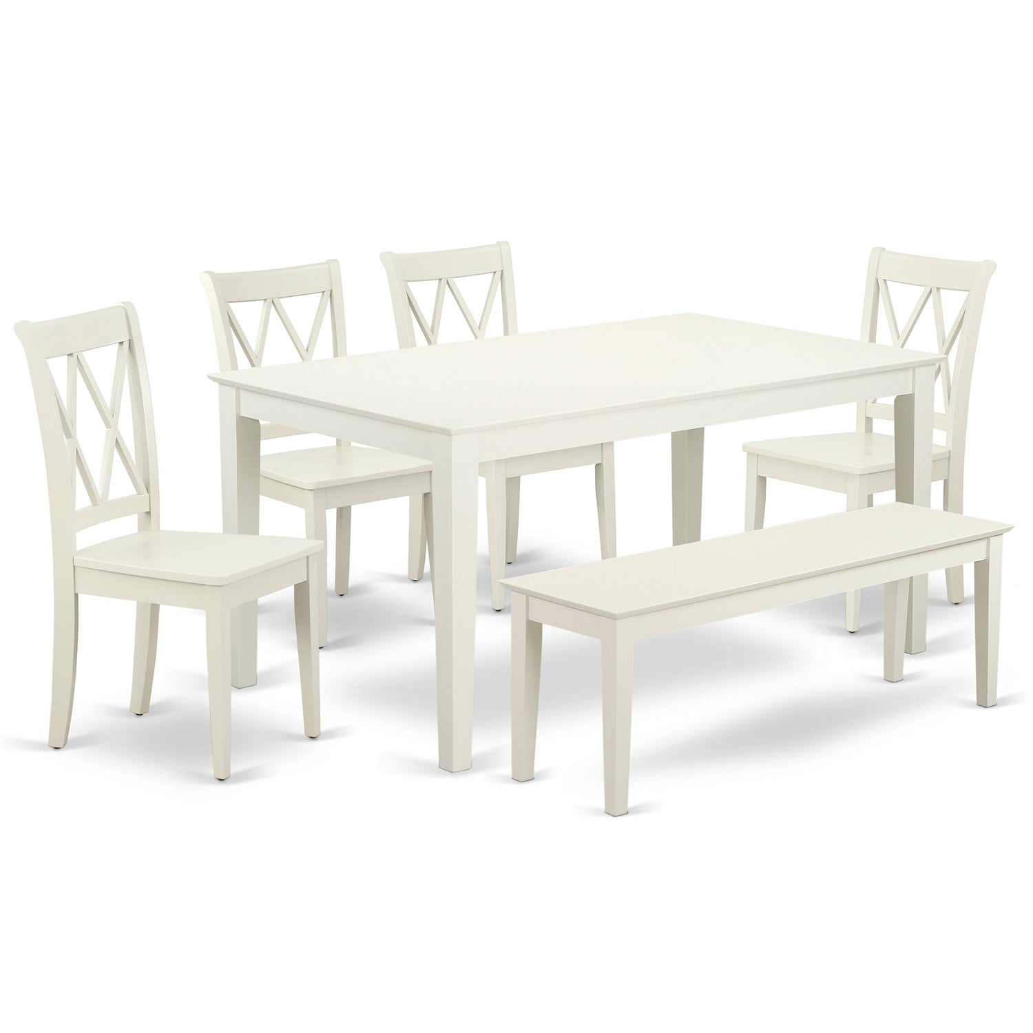 Juego de mesa de cocina de 6 piezas East West Furniture CACL6-LWH-W. Contiene una mesa de comedor rectangular y 4 sillas de comedor con un banco.