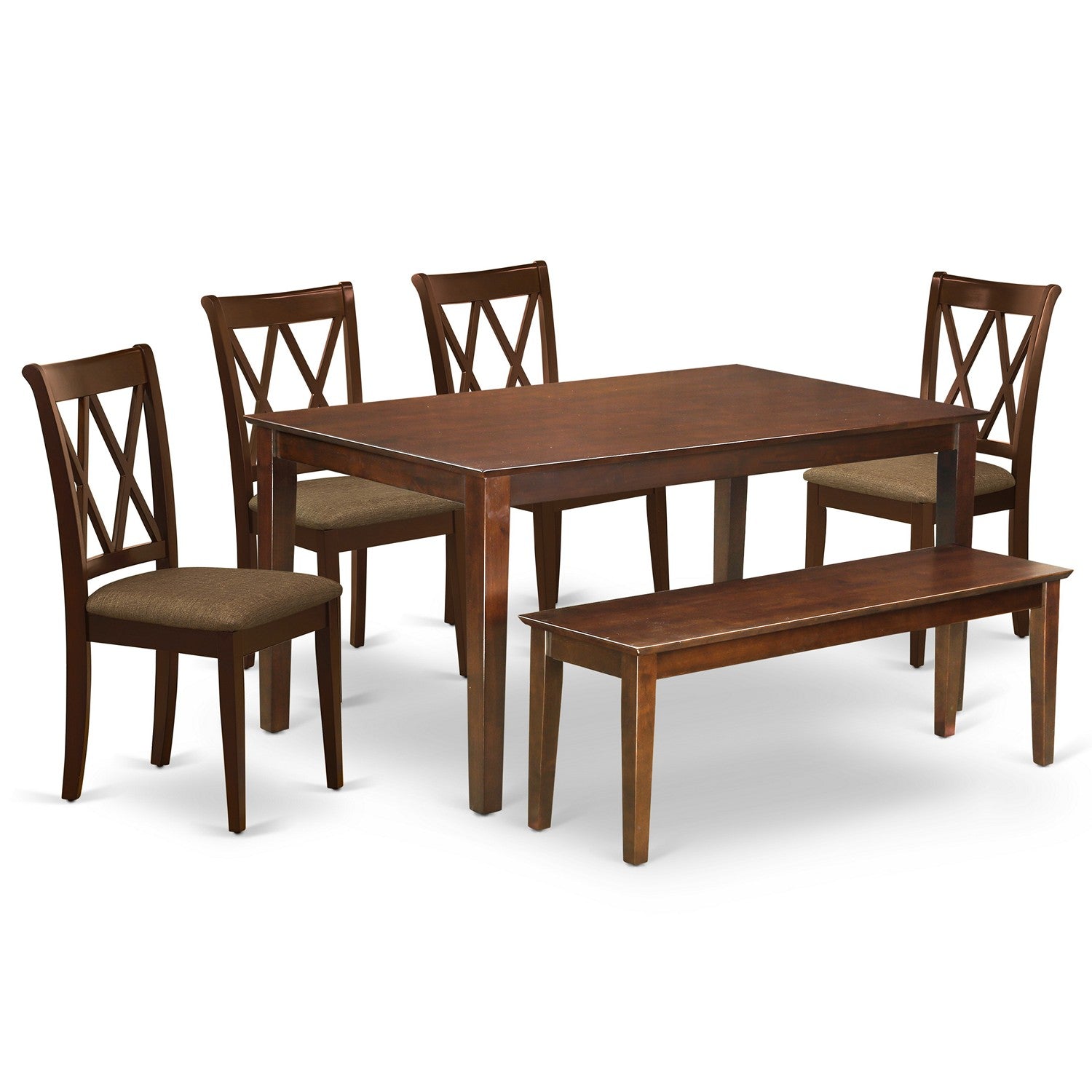 CACL6-MAH-C 6Pc Dining Set Includes a Rectangle Dinette Table and Four Double X Back Linen seat Kitchen Chairs and a Bench, Mahogany Finish