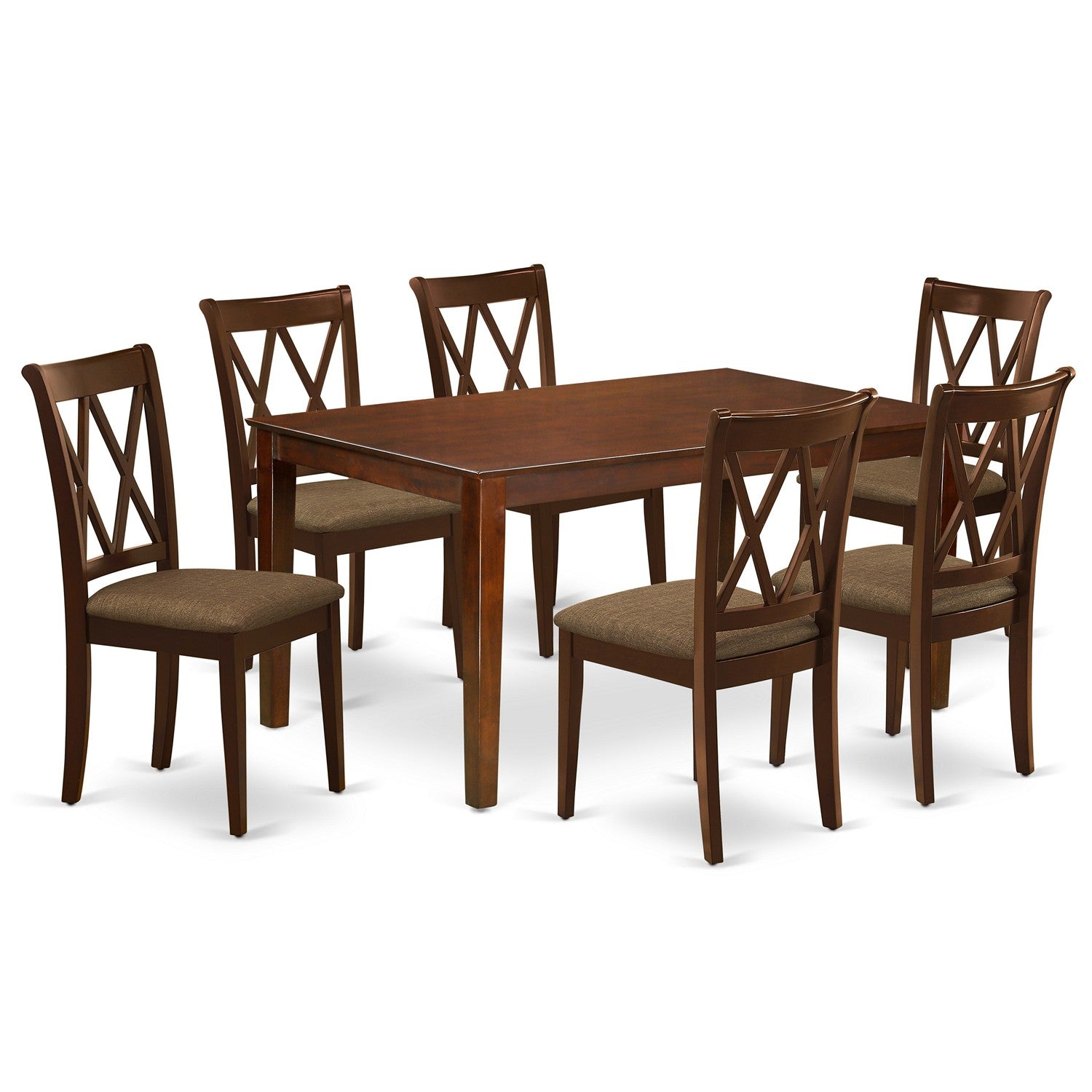 CACL7-MAH-C 7Pc Dinette Set Includes a Rectangular Kitchen Table and Six Double X Back Linen seat Dining Chairs, Mahogany Finish
