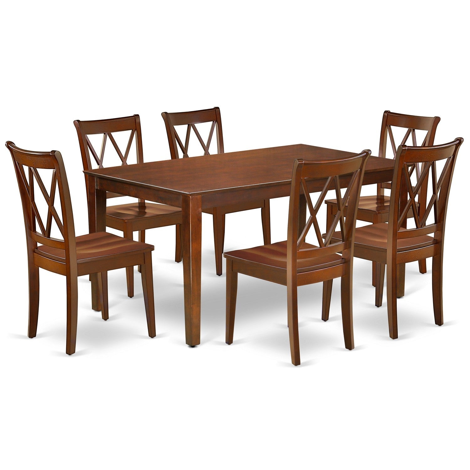 Juego de comedor de 7 piezas East West Furniture CACL7-MAH-W compuesto por una mesa de cocina rectangular y 6 sillas de comedor.