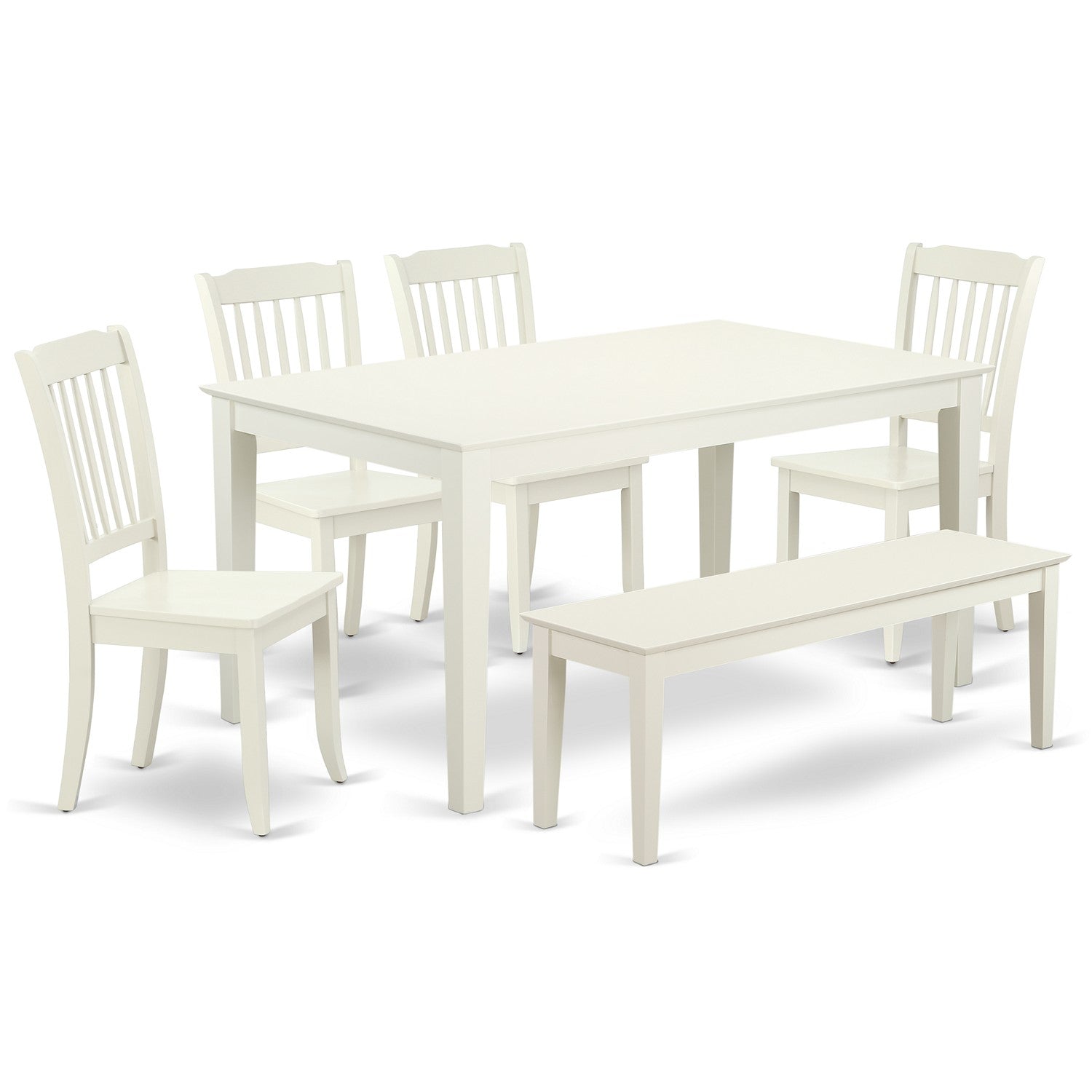 Juego de mesa de comedor de 6 piezas East West Furniture CADA6-LWH-W. Contiene una mesa de cocina rectangular y 4 sillas de comedor con un banco.