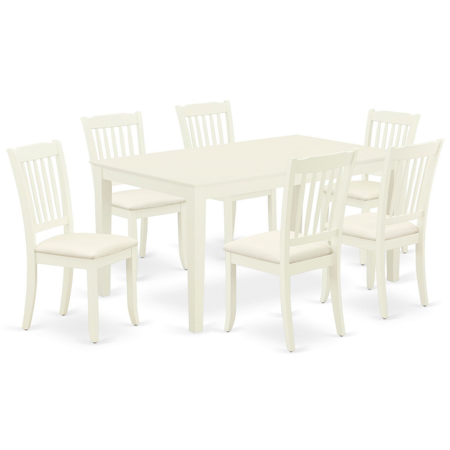 Juego de mesa y sillas de cocina de 7 piezas CADA7-LWH-C de East West Furniture. Incluye una mesa de comedor rectangular y 6 sillas de comedor tapizadas en tela de lino.