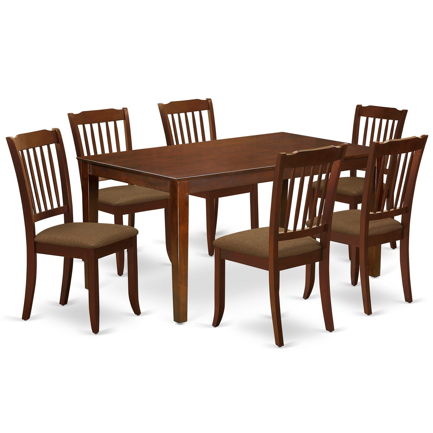 Juego de comedor de 7 piezas East West Furniture CADA7-MAH-C compuesto por una mesa de cocina rectangular y 6 sillas de comedor tapizadas en tela de lino.