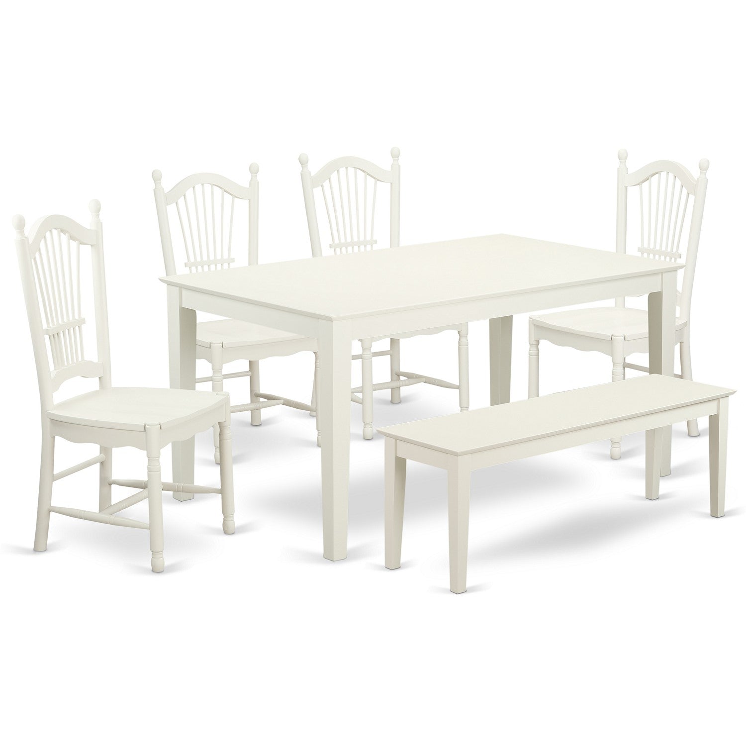 Juego de mesa de comedor moderna de 6 piezas East West Furniture CADO6-LWH-W. Contiene una mesa rectangular de madera y 4 sillas de madera con un banco.