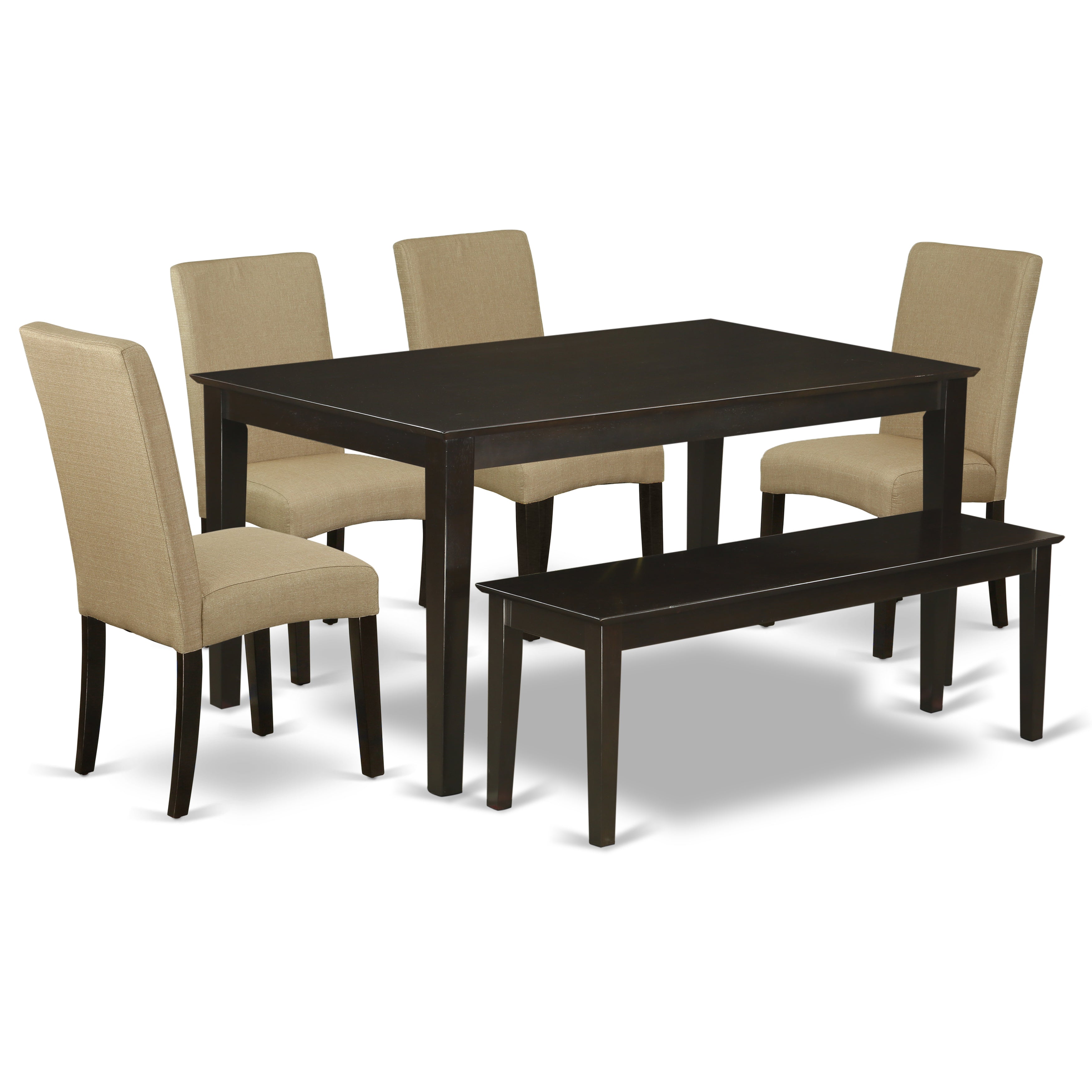 CADR6-CAP-03 6Pc Rectangular 60" Table And Four Parson Chair With Cappuccino Finish Leg And Linen Fabric- Brown Color Plus 1 Bench