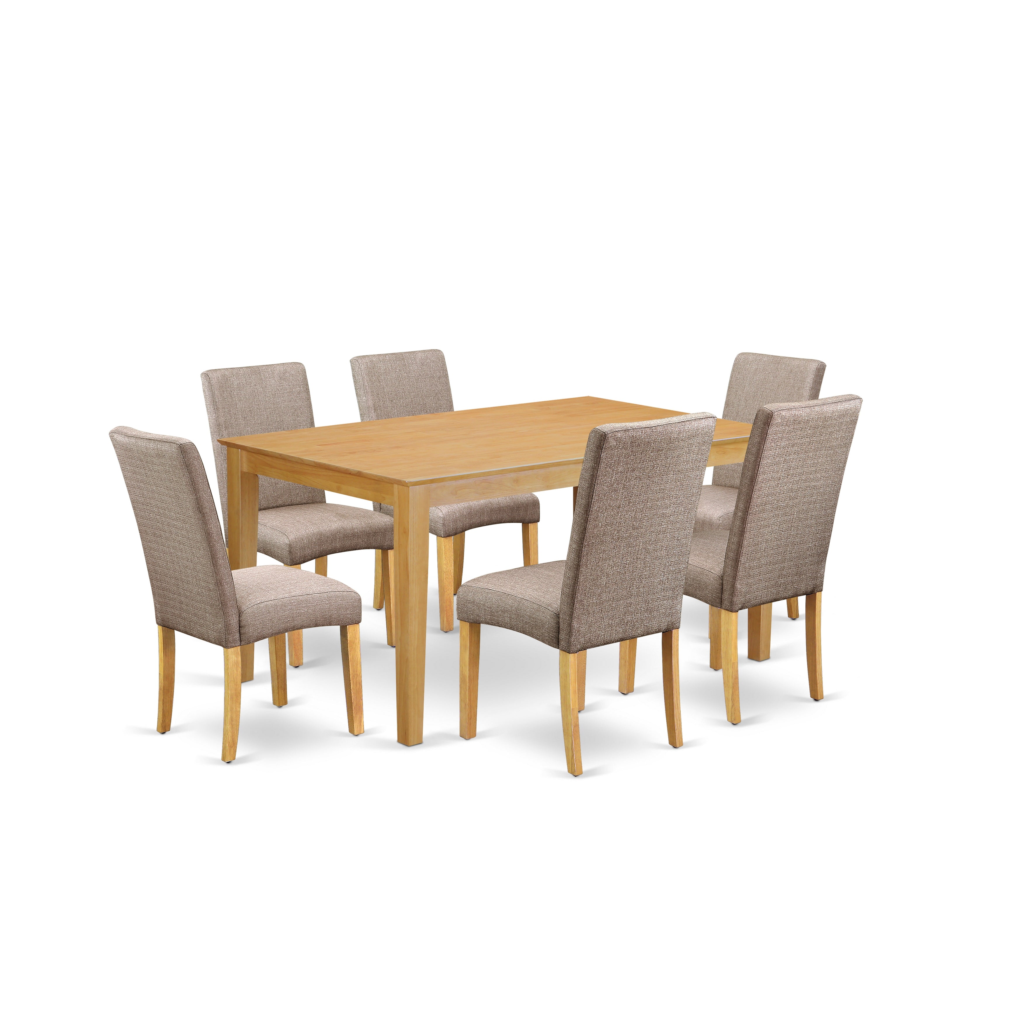 Juego de mesa de comedor East West Furniture CADR7-OAK-16 de 7 piezas compuesto por una mesa de cocina rectangular y 6 sillas de comedor Parson de tela de lino color caqui oscuro.