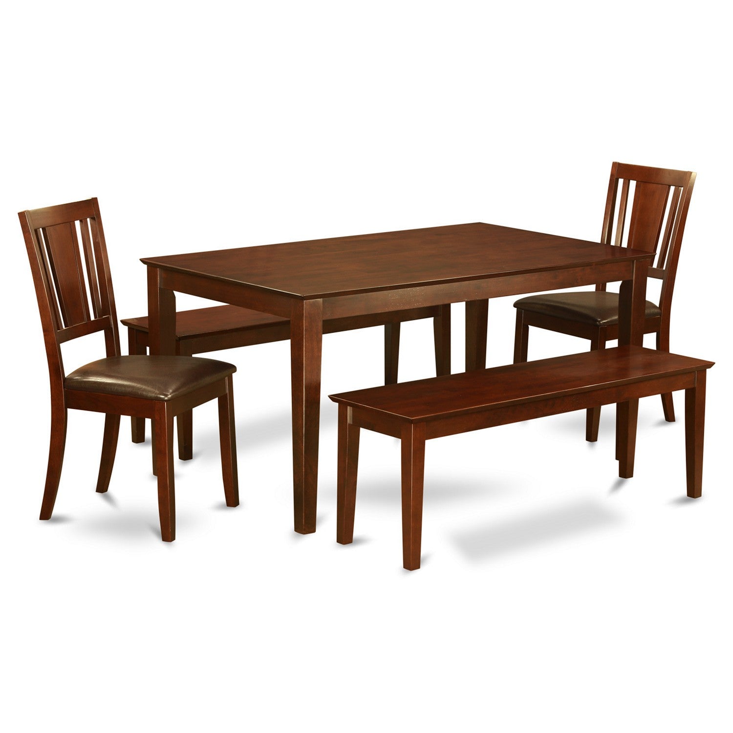 Juego de muebles de comedor de 5 piezas CADU5C-MAH-LC de East West Furniture. Incluye una mesa de cocina rectangular y 2 sillas de comedor de piel sintética con 2 bancos.