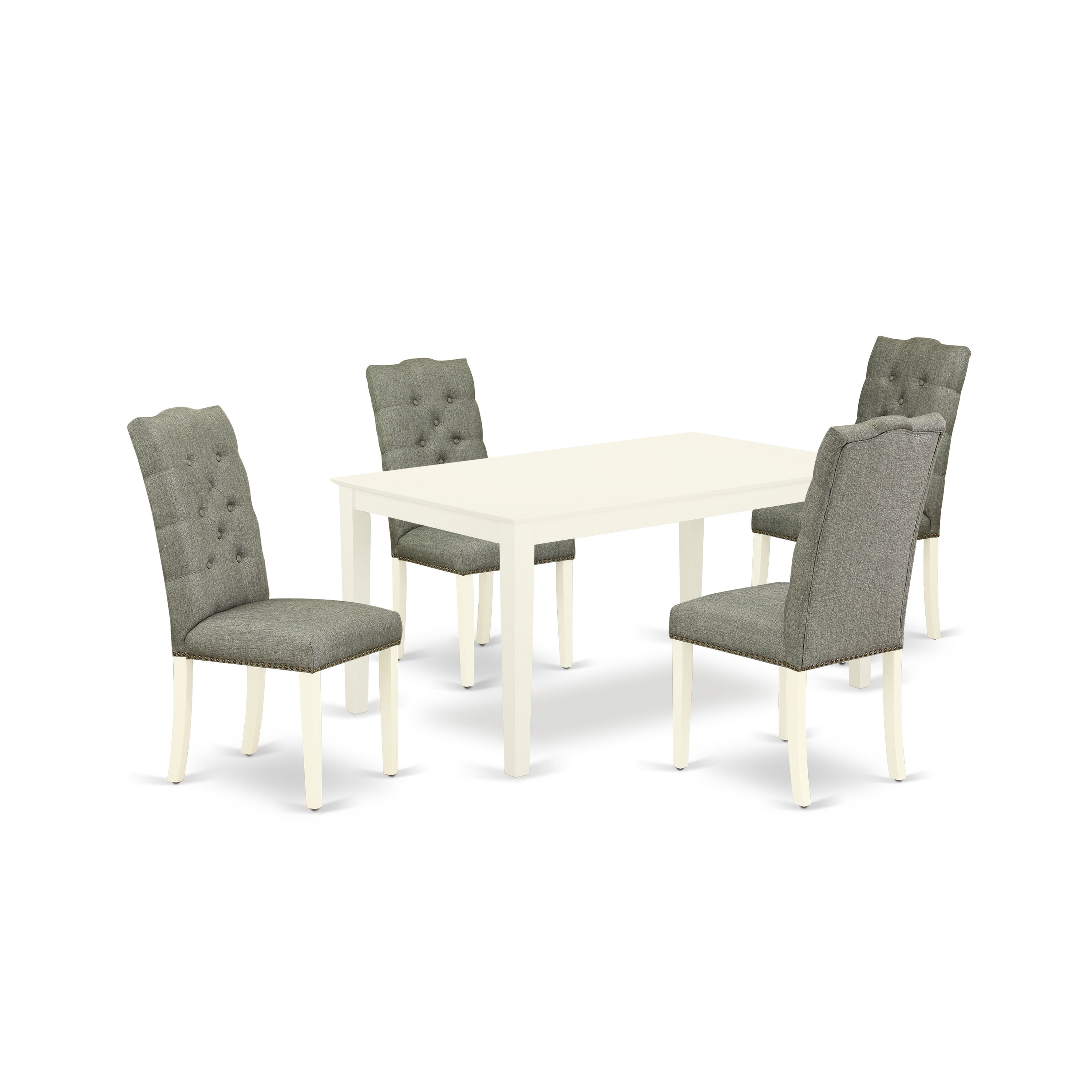 East West Furniture CAEL5-LWH-07 5-Pc Modern Dining Table Set Included a Rectangular Wood Kitchen Table & 4 Parson Chairs, Smoke Linen Fabric Padded Parson Chairs Seat with Rubber Wood Legs, Linen White Finish