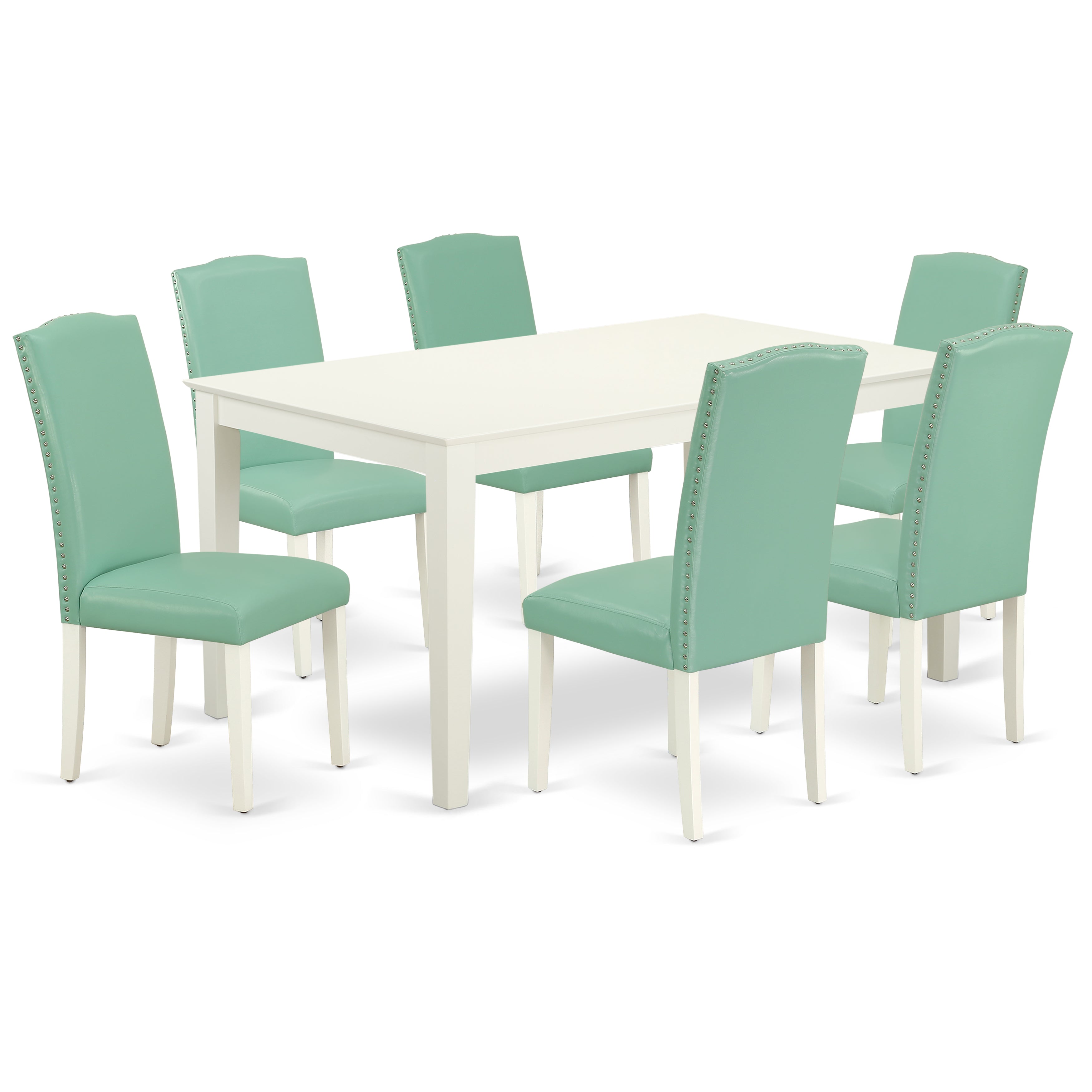 Juego de mesa de comedor de 7 piezas East West Furniture CAEN7-LWH-57 compuesto por una mesa de comedor rectangular y 6 sillas Parson tapizadas en piel sintética.