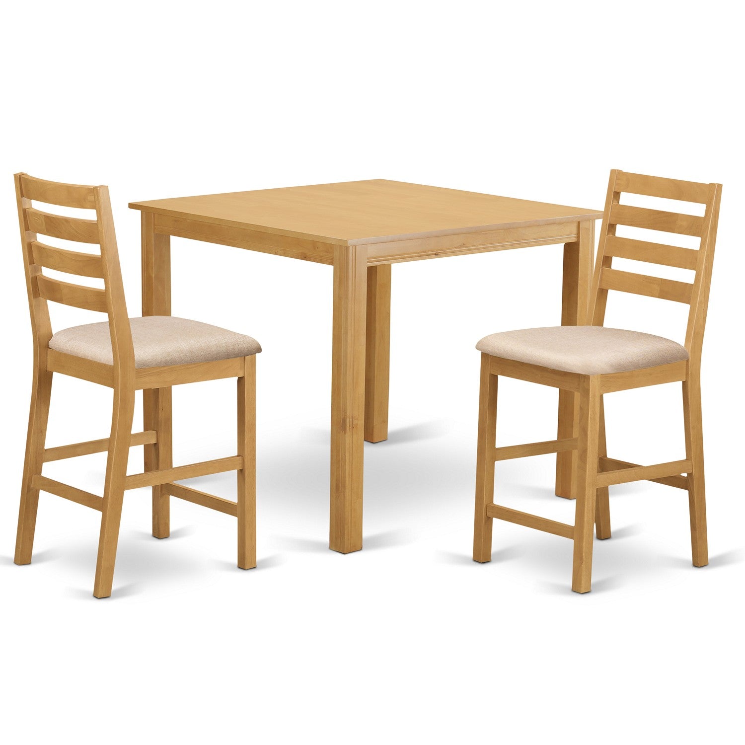 Juego de comedor de 3 piezas East West Furniture CAFE3-OAK-C con altura de mostrador para espacios pequeños. Contiene una mesa de comedor cuadrada y 2 sillas tapizadas en tela de lino.