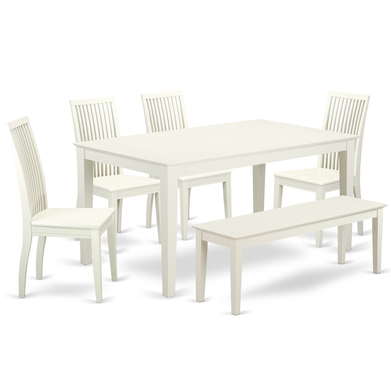 Juego de mesa de comedor de 6 piezas East West Furniture CAIP6-LWH-W. Contiene una mesa de cocina rectangular y 4 sillas de comedor con un banco.