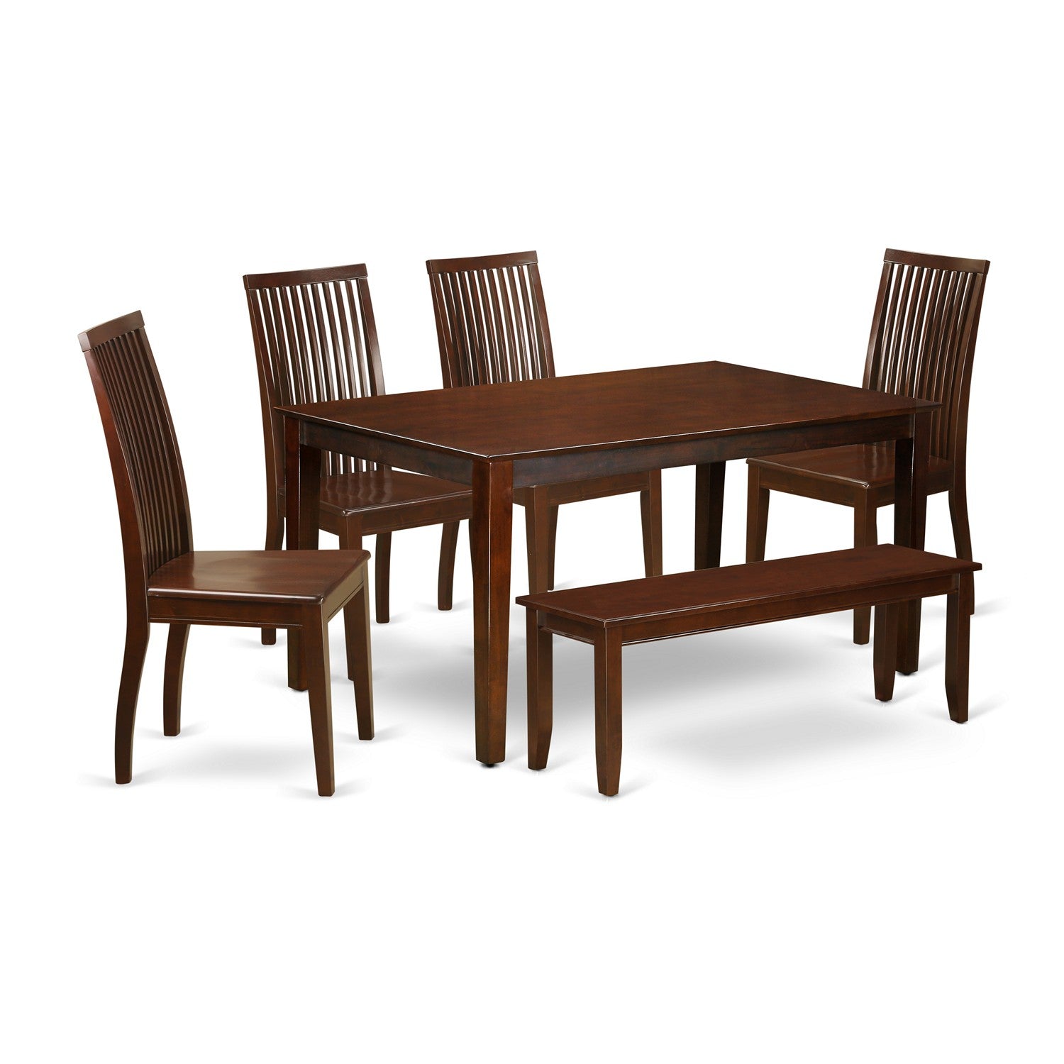 Juego de mesa de comedor de 6 piezas CAIP6-MAH-W de East West Furniture. Contiene una mesa de cocina rectangular y 4 sillas de comedor con un banco.