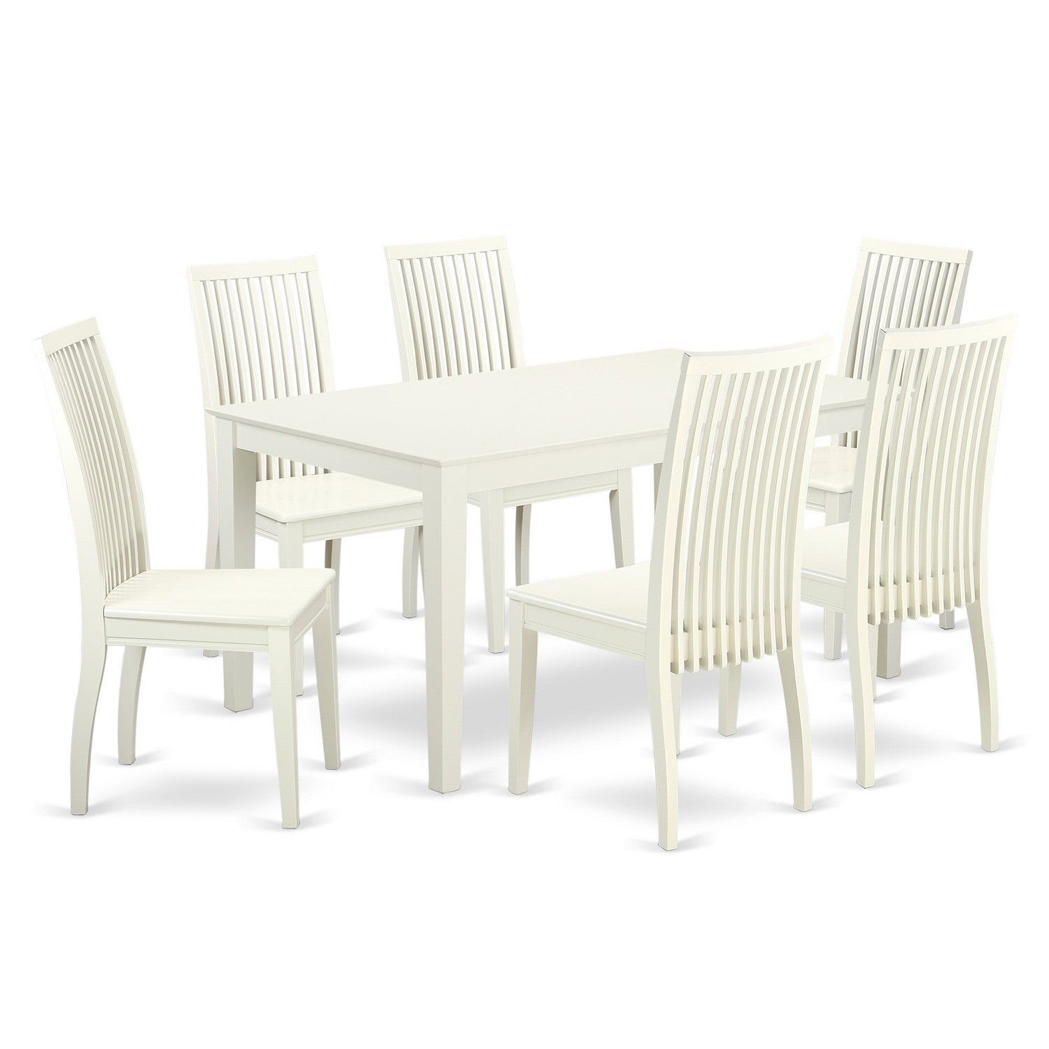 Juego de mesa de comedor moderna de 7 piezas CAIP7-LWH-W de East West Furniture, compuesto por una mesa rectangular de madera y 6 sillas de comedor.