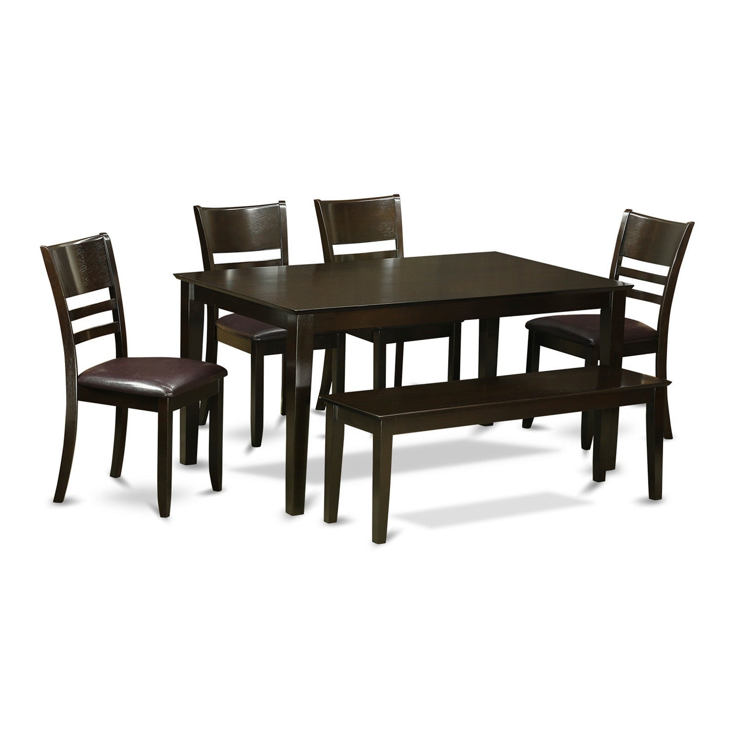 Juego de comedor de 6 piezas CALY6-CAP-LC de East West Furniture. Contiene una mesa de comedor rectangular y 4 sillas de cocina de piel sintética con un banco.