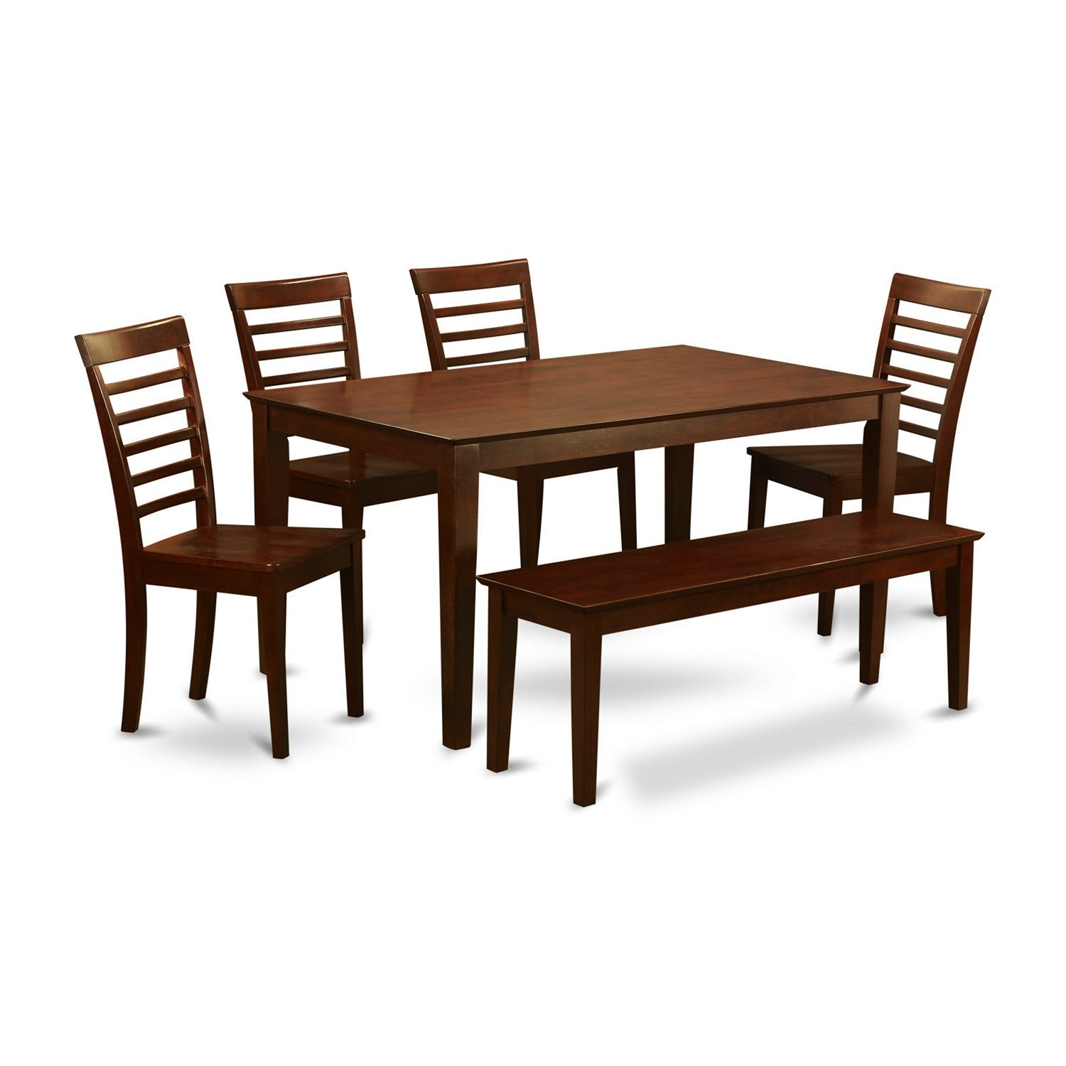 Juego de mesa de comedor moderna de 6 piezas CAML6C-MAH-W de East West Furniture. Contiene una mesa rectangular de madera y 4 sillas de madera con un banco.